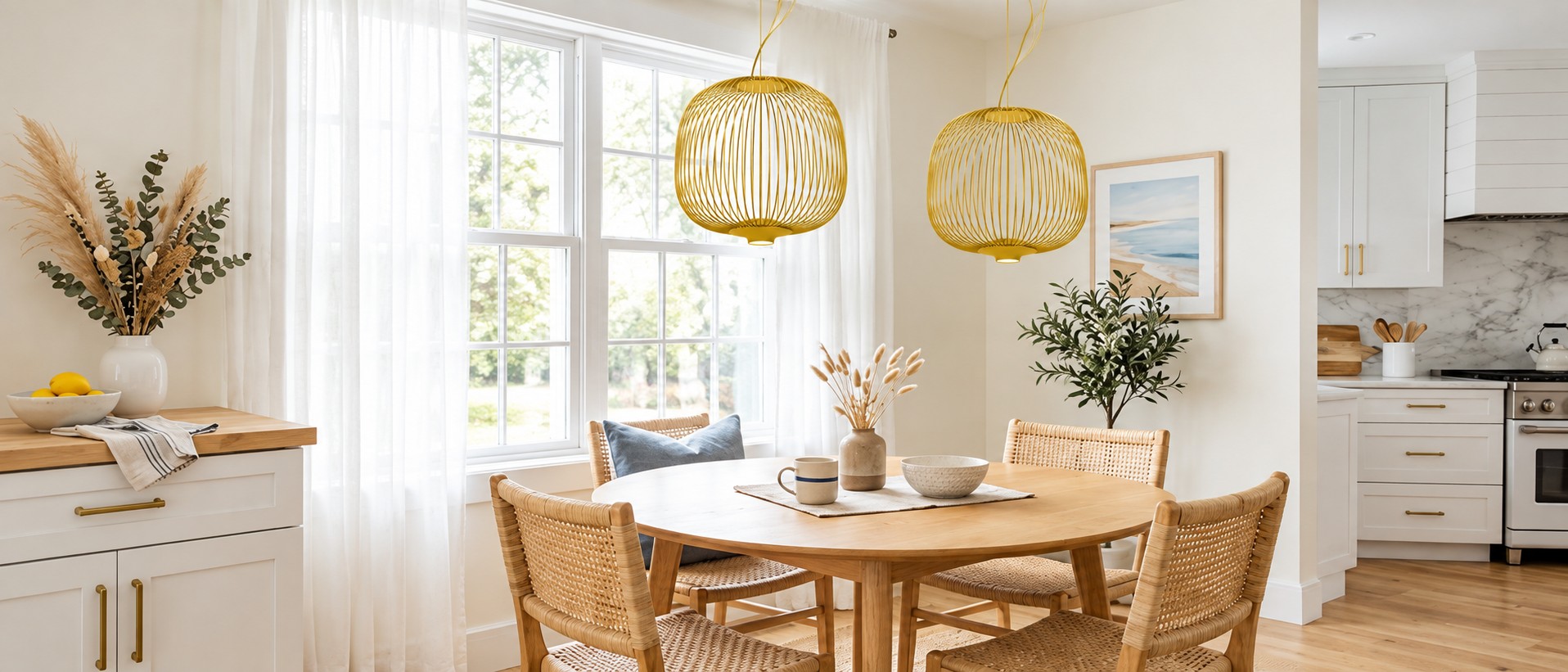 Gold round wire cage pendants over a kitchen dining table