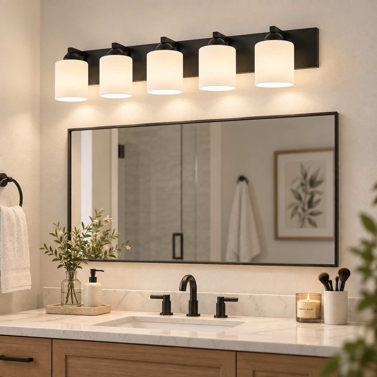 Glass Bathroom Vanity Light with one to six lights and three metal finishes