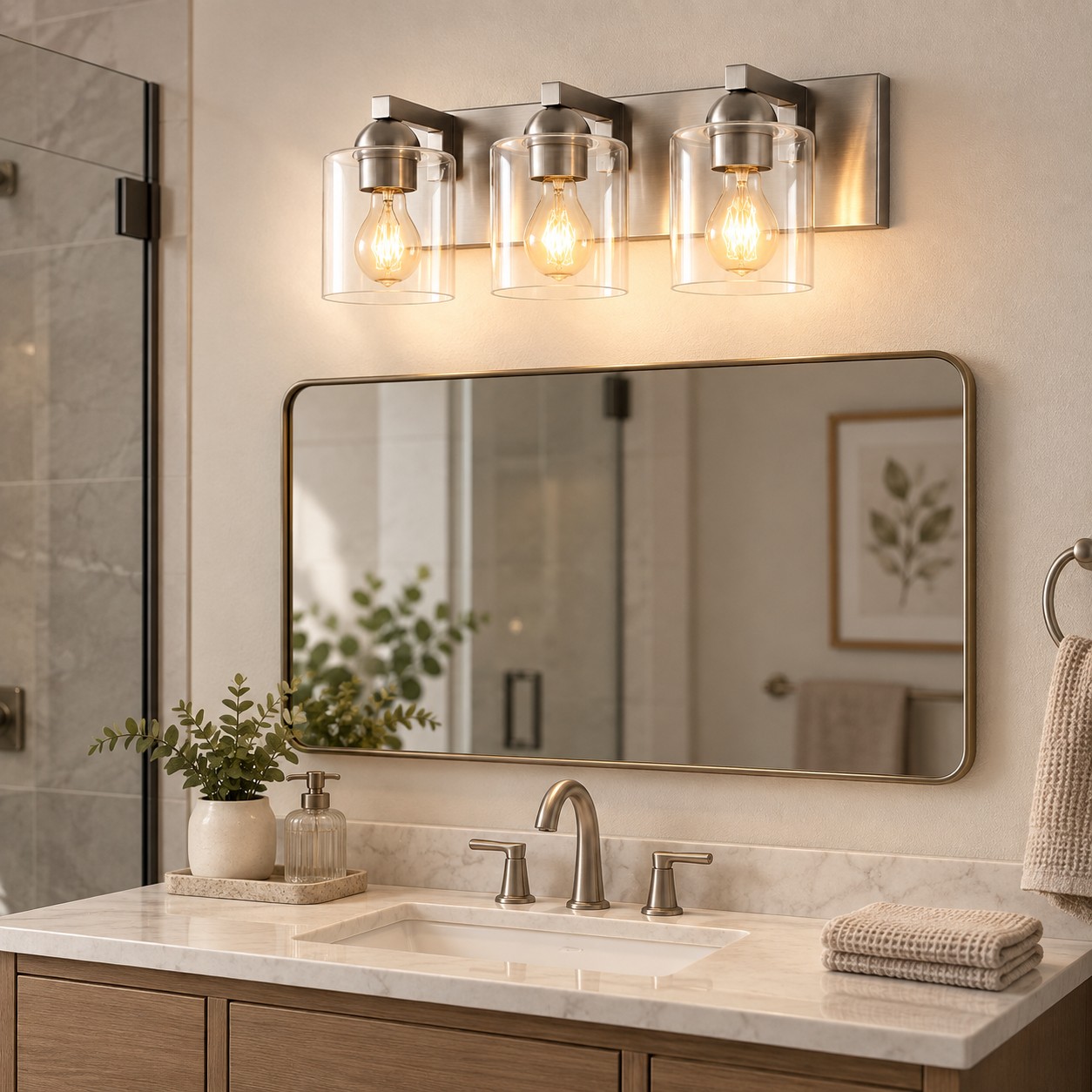 Glass Bathroom Vanity Light with one to six lights and three metal finishes