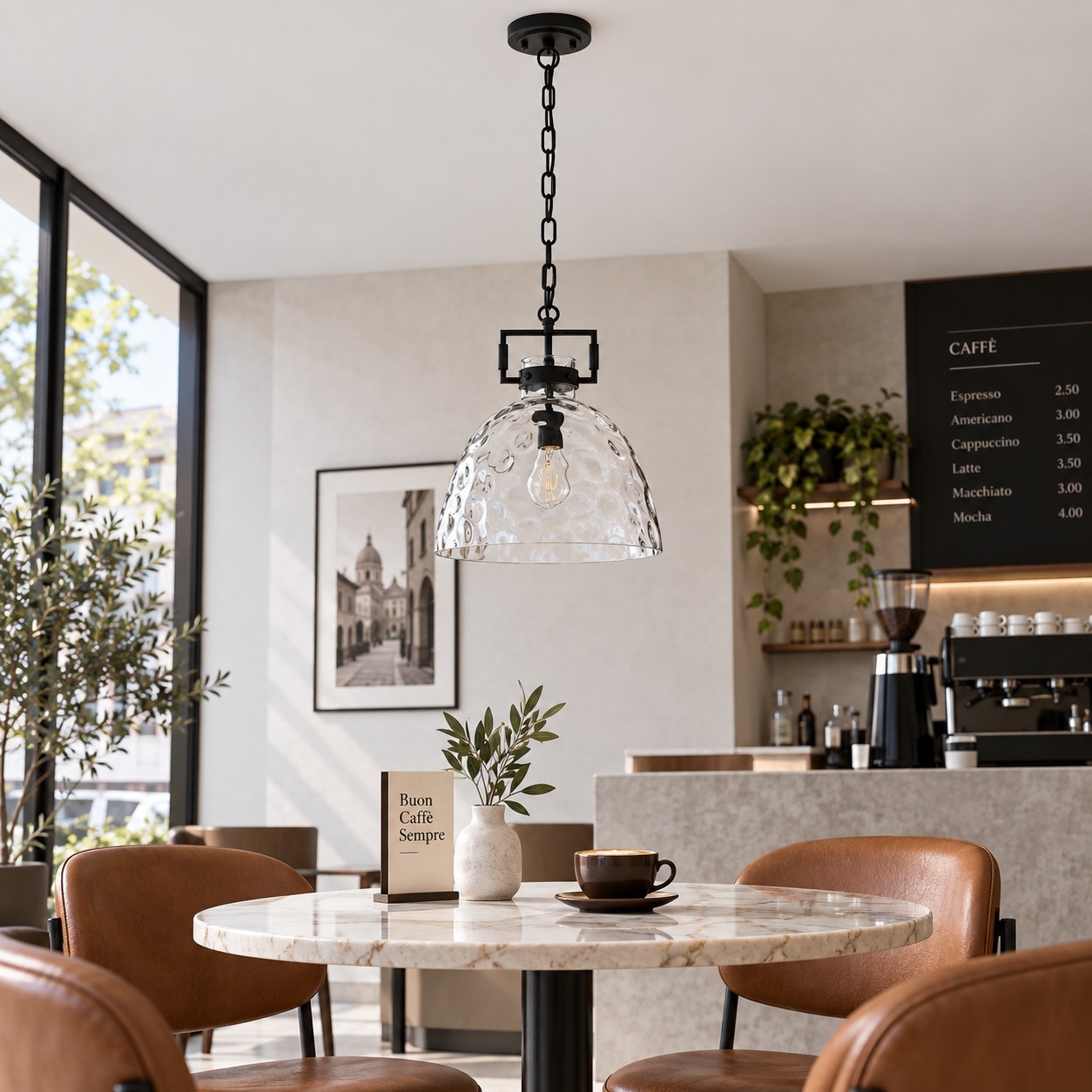 Hammered Glass Pendant Light with three metal finishes and a 13.8-inch shade