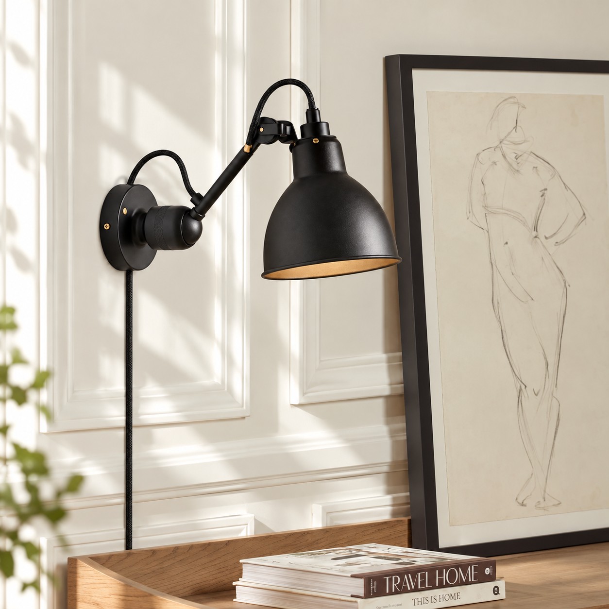 Industrial adjustable arm wall light in an interior