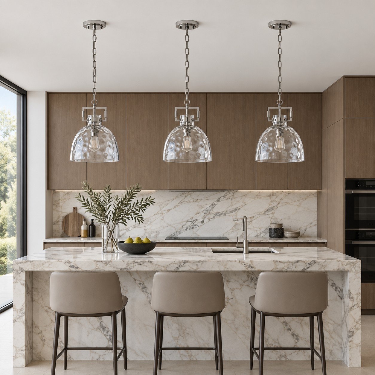 Hammered Glass Pendant Light with three metal finishes and a 13.8-inch shade