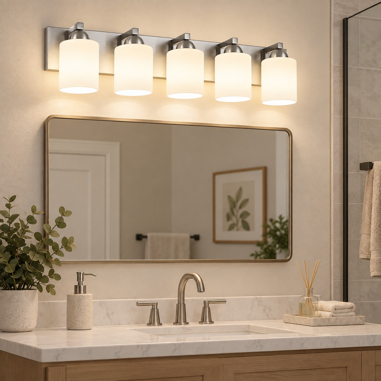 Glass Bathroom Vanity Light with one to six lights and three metal finishes