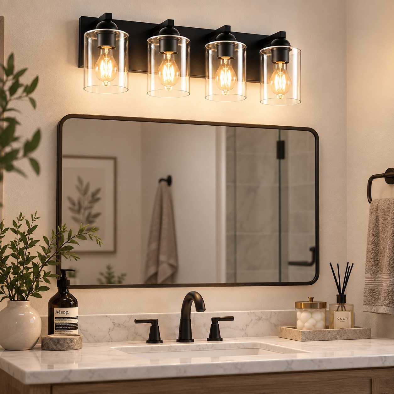 Glass Bathroom Vanity Light with one to six lights and three metal finishes