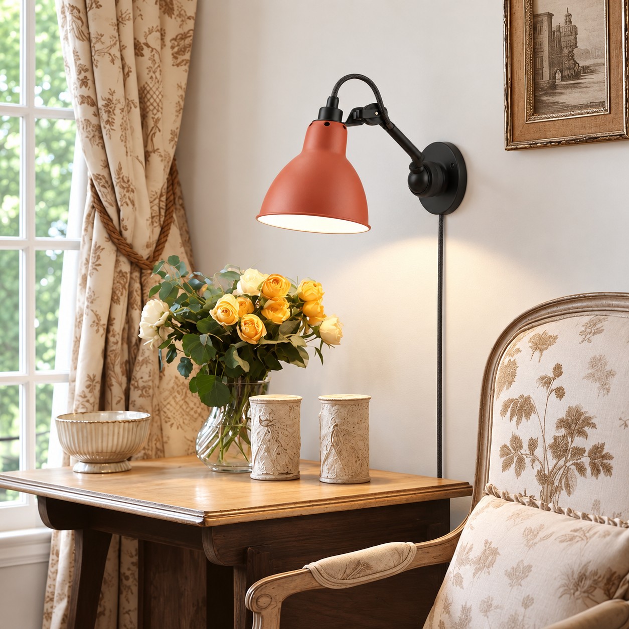 Industrial adjustable arm wall light in an interior