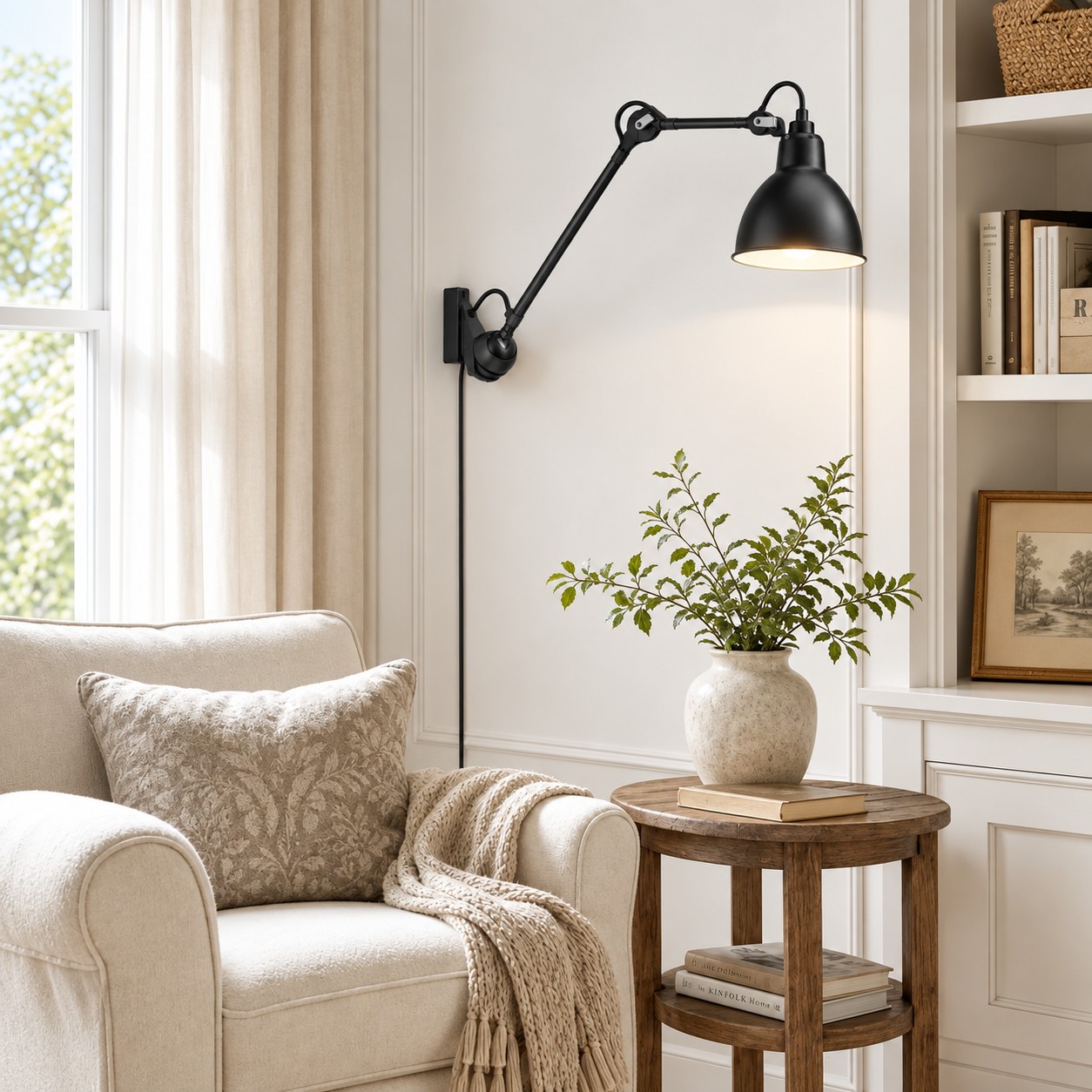 Industrial adjustable arm wall light in an interior