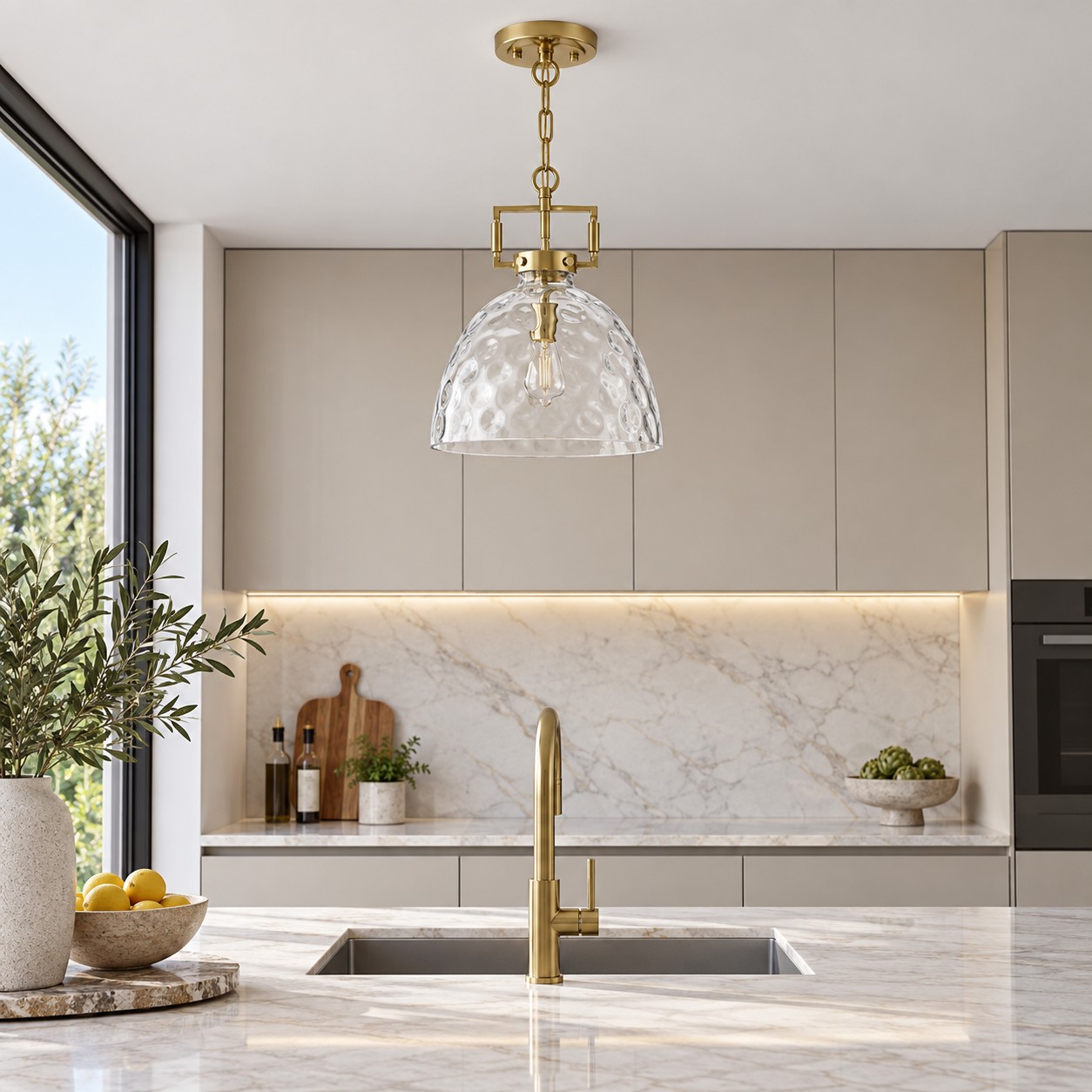 Hammered Glass Pendant Light with three metal finishes and a 13.8-inch shade