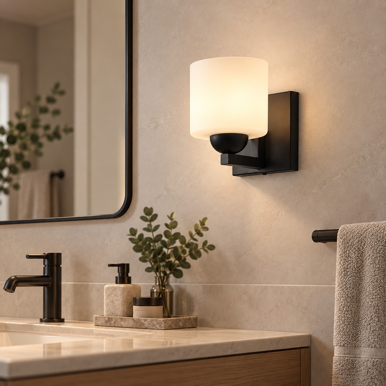 Glass Bathroom Vanity Light with one to six lights and three metal finishes