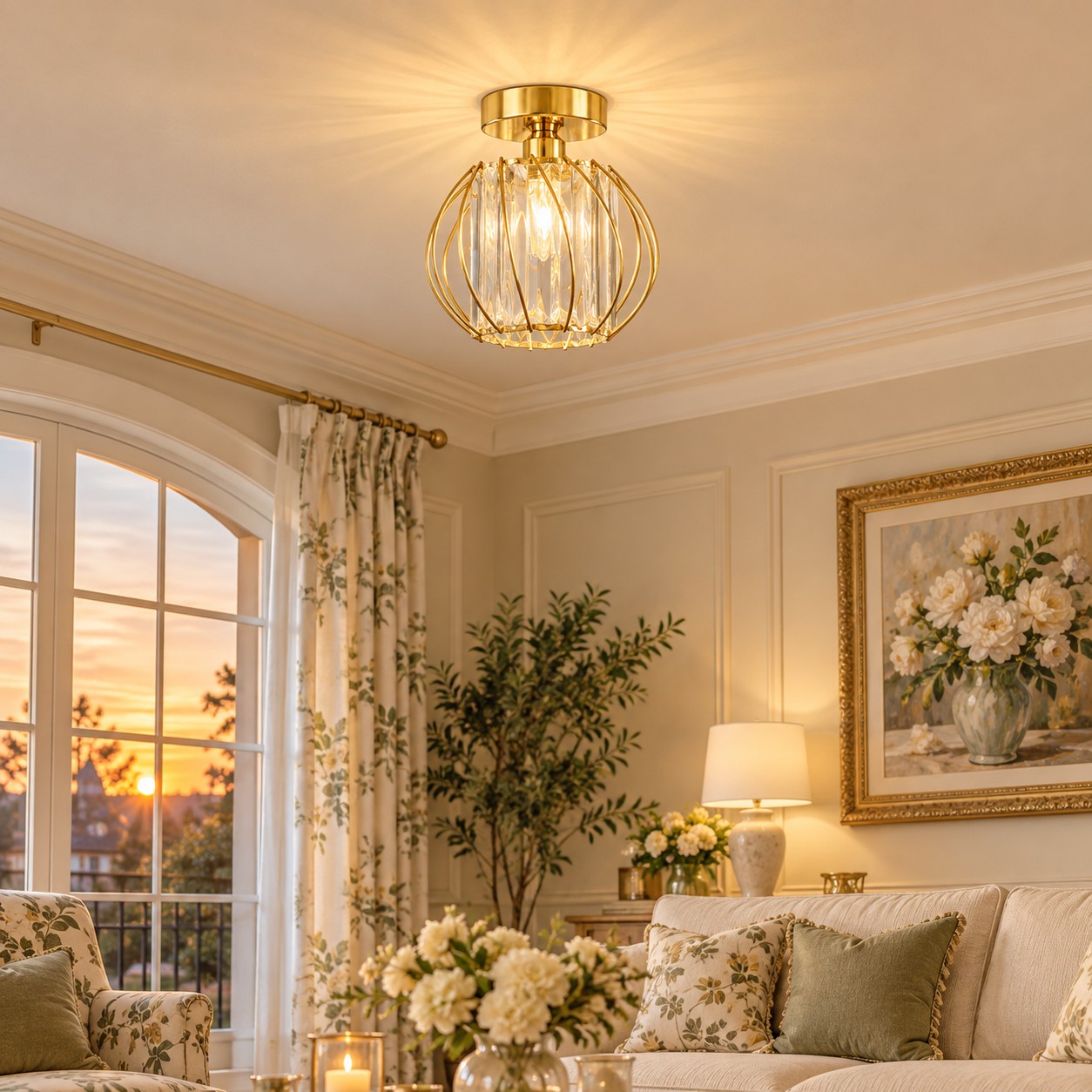 Geometric Crystal Ceiling Light with clear panels and three frame finishes