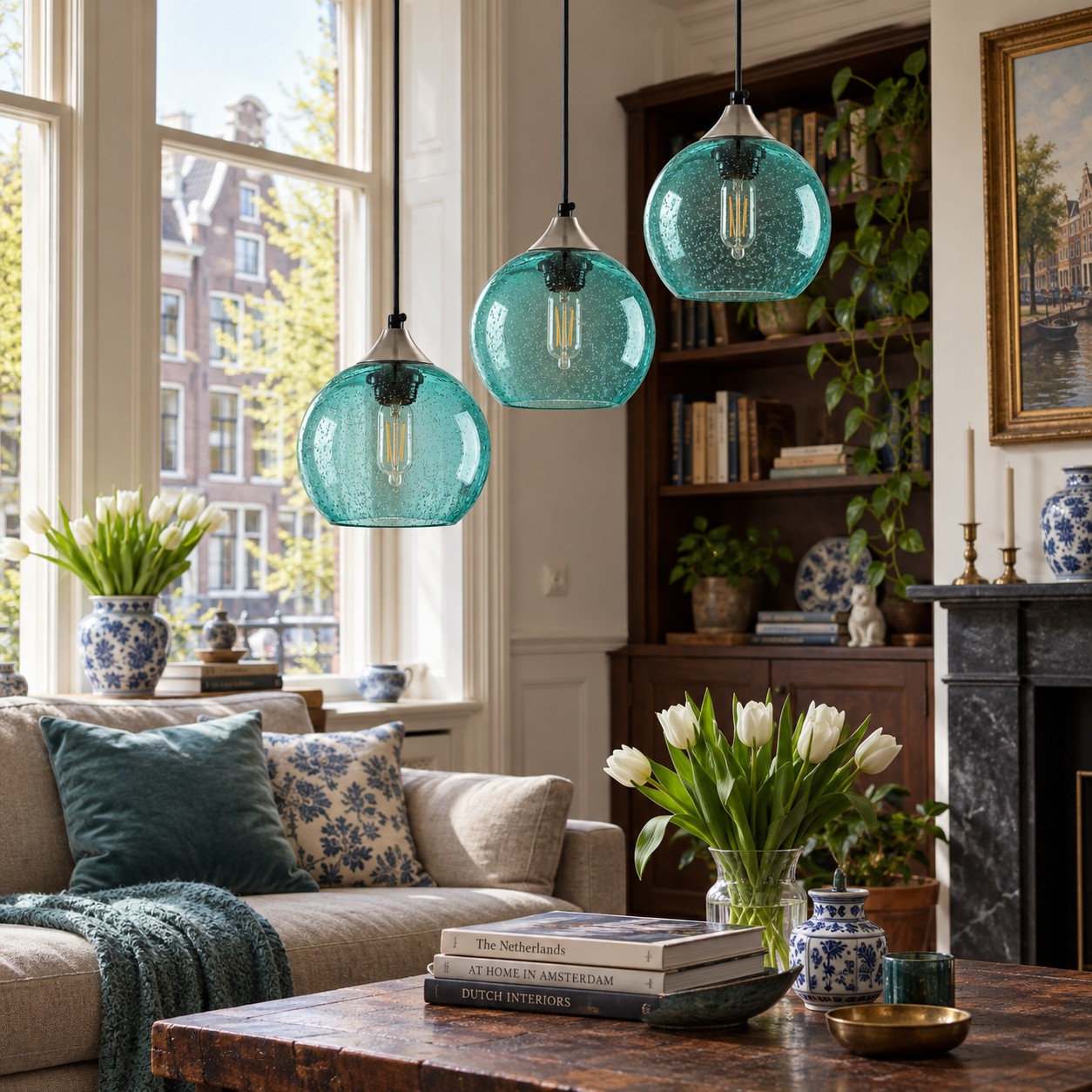 Bubble Glass Globe Pendant with a chrome mount and coloured glass