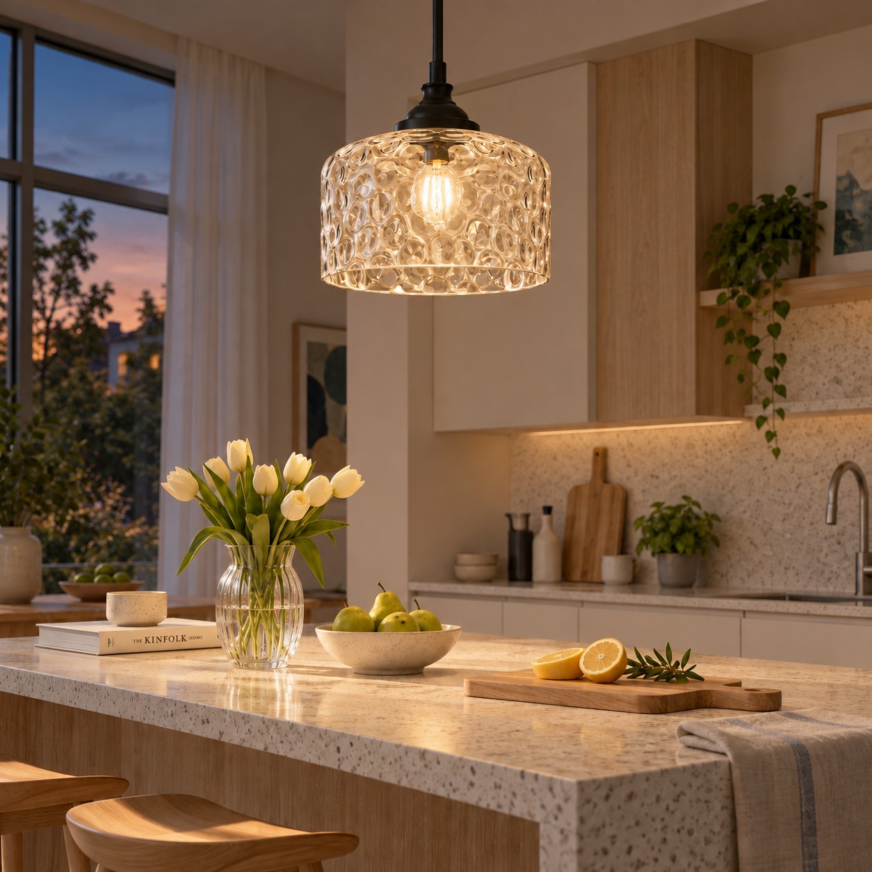 Vintage Glass Pendant Light with patterned glass and three shade colours