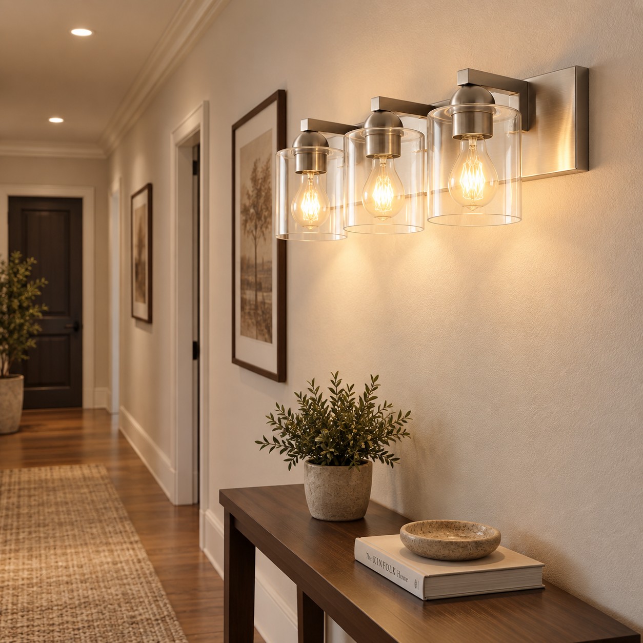 Glass Bathroom Vanity Light with one to six lights and three metal finishes