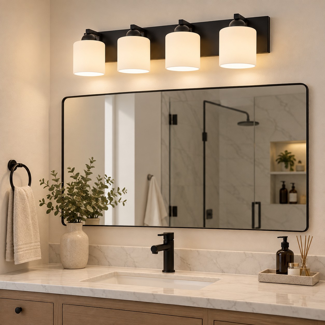 Glass Bathroom Vanity Light with one to six lights and three metal finishes