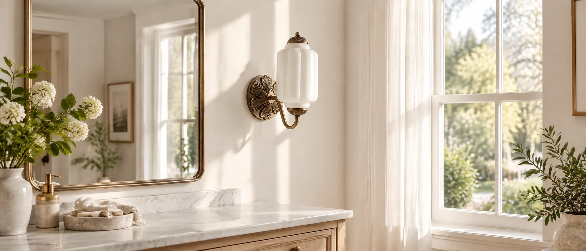 Milk glass wall sconce beside a bedroom mirror