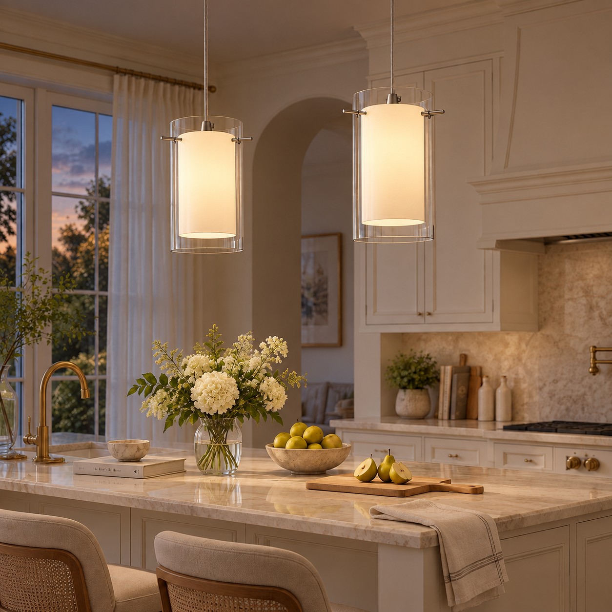 Double Glass Pendant Light with clear and white glass and one to three lights