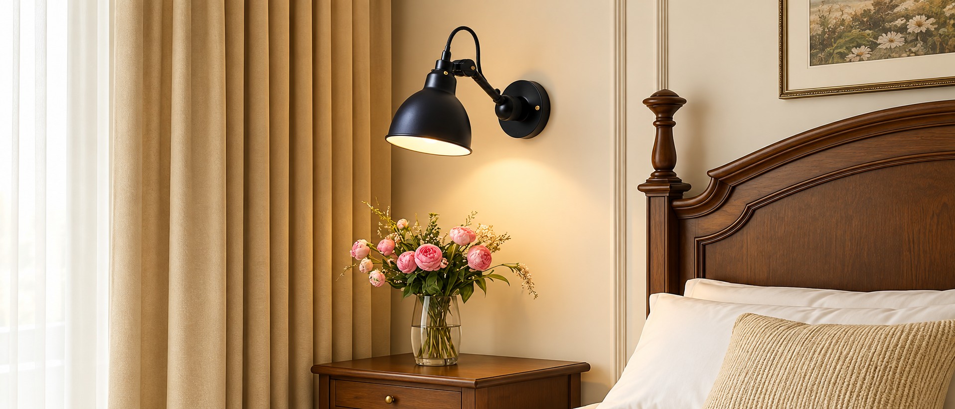 Industrial matte black adjustable arm wall light in a bedroom interior
