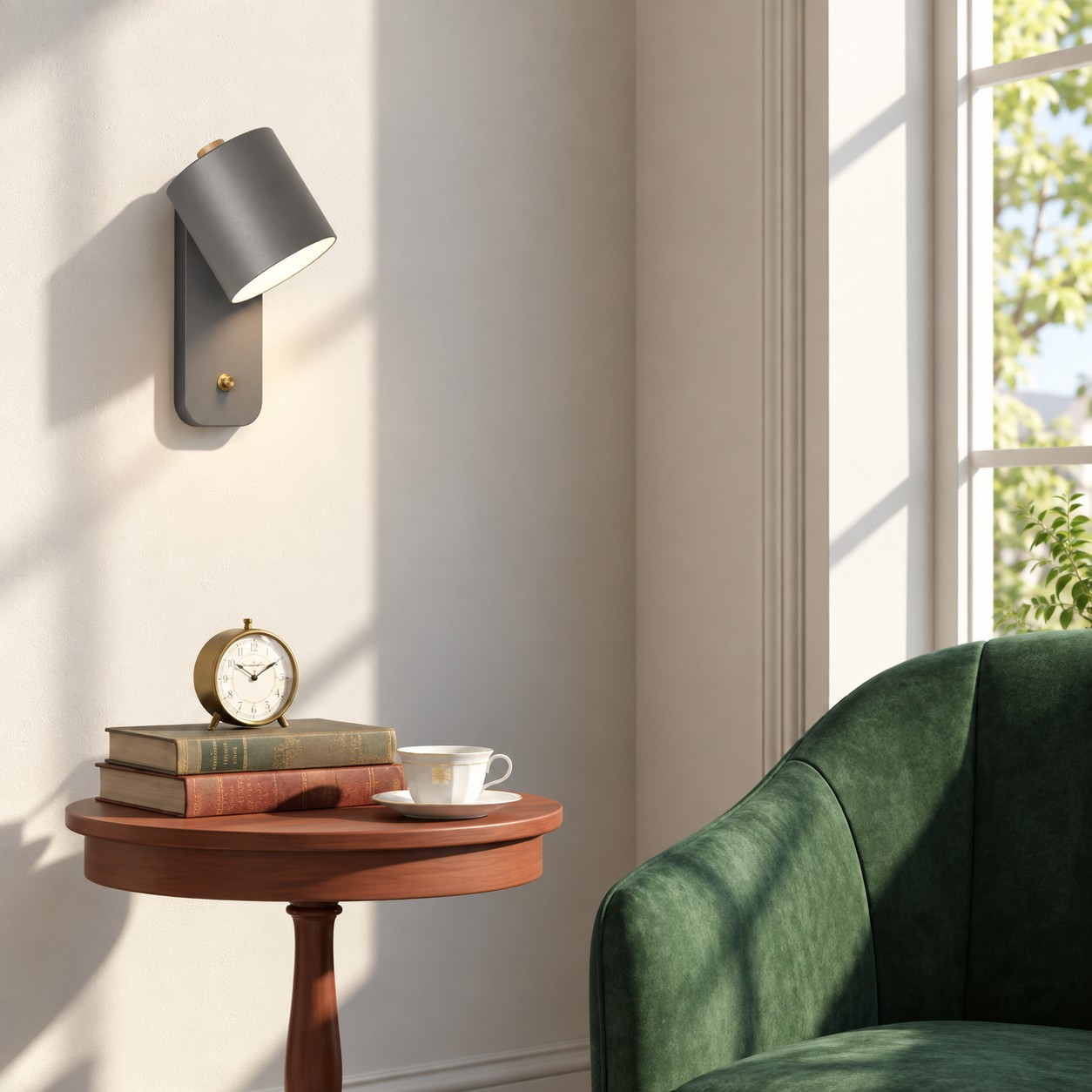 Gray Proteus wall light beside a reading chair