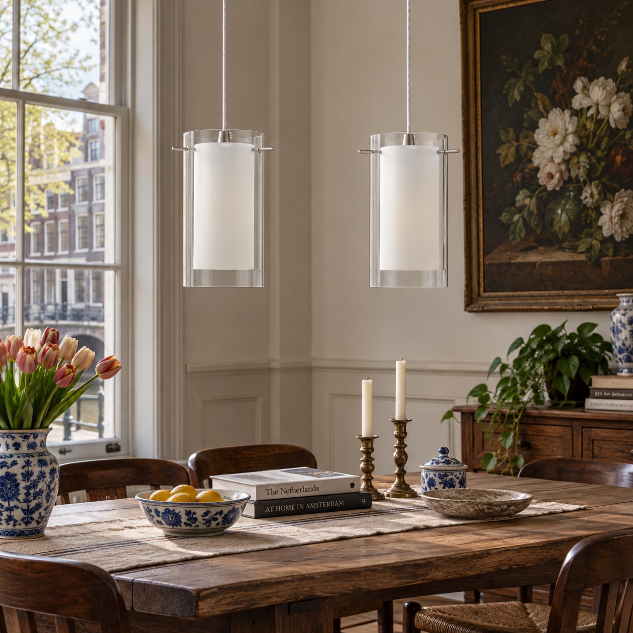 Double Glass Pendant Light with clear and white glass and one to three lights