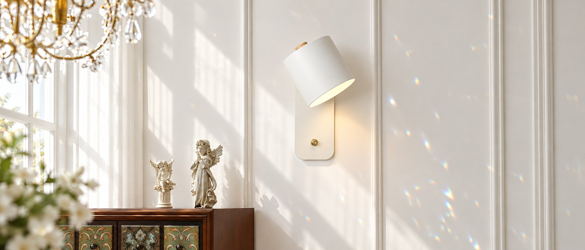 White Proteus cylinder wall light on a paneled wall