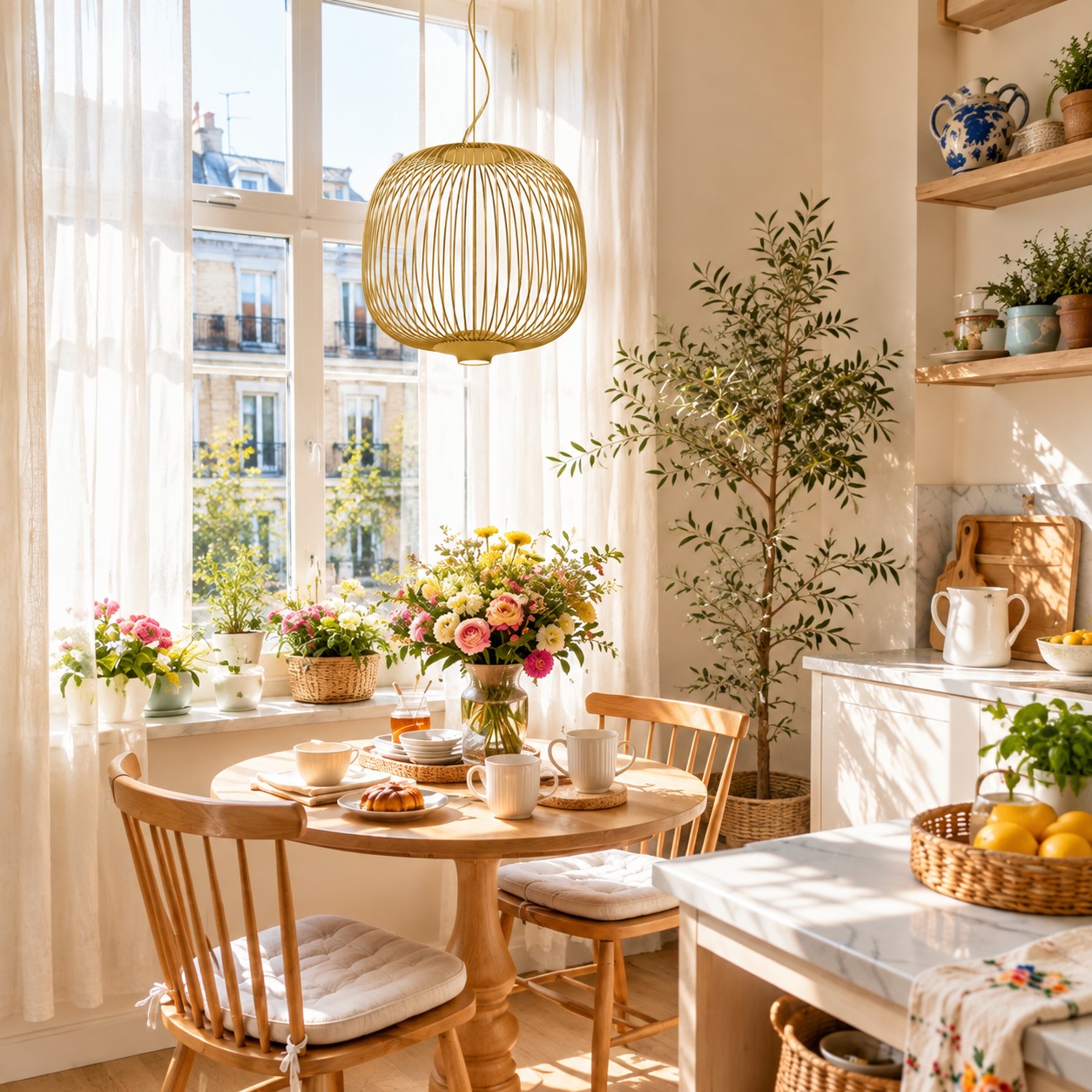 Gold round wire cage pendant over a kitchen table