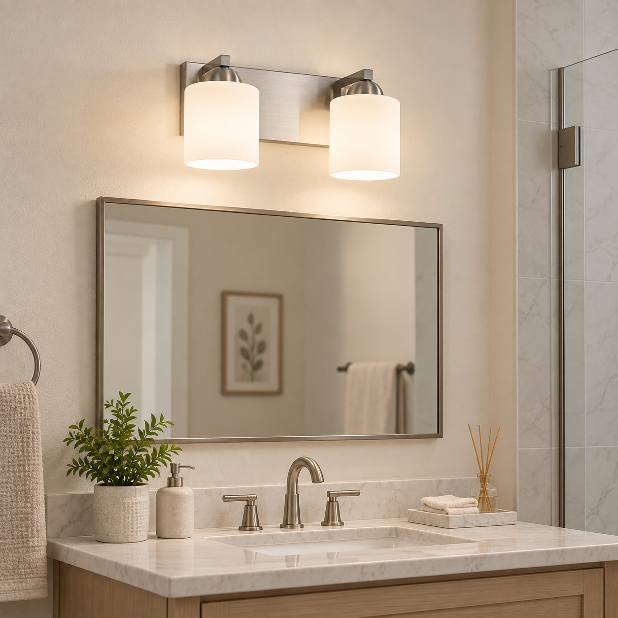Glass Bathroom Vanity Light with one to six lights and three metal finishes