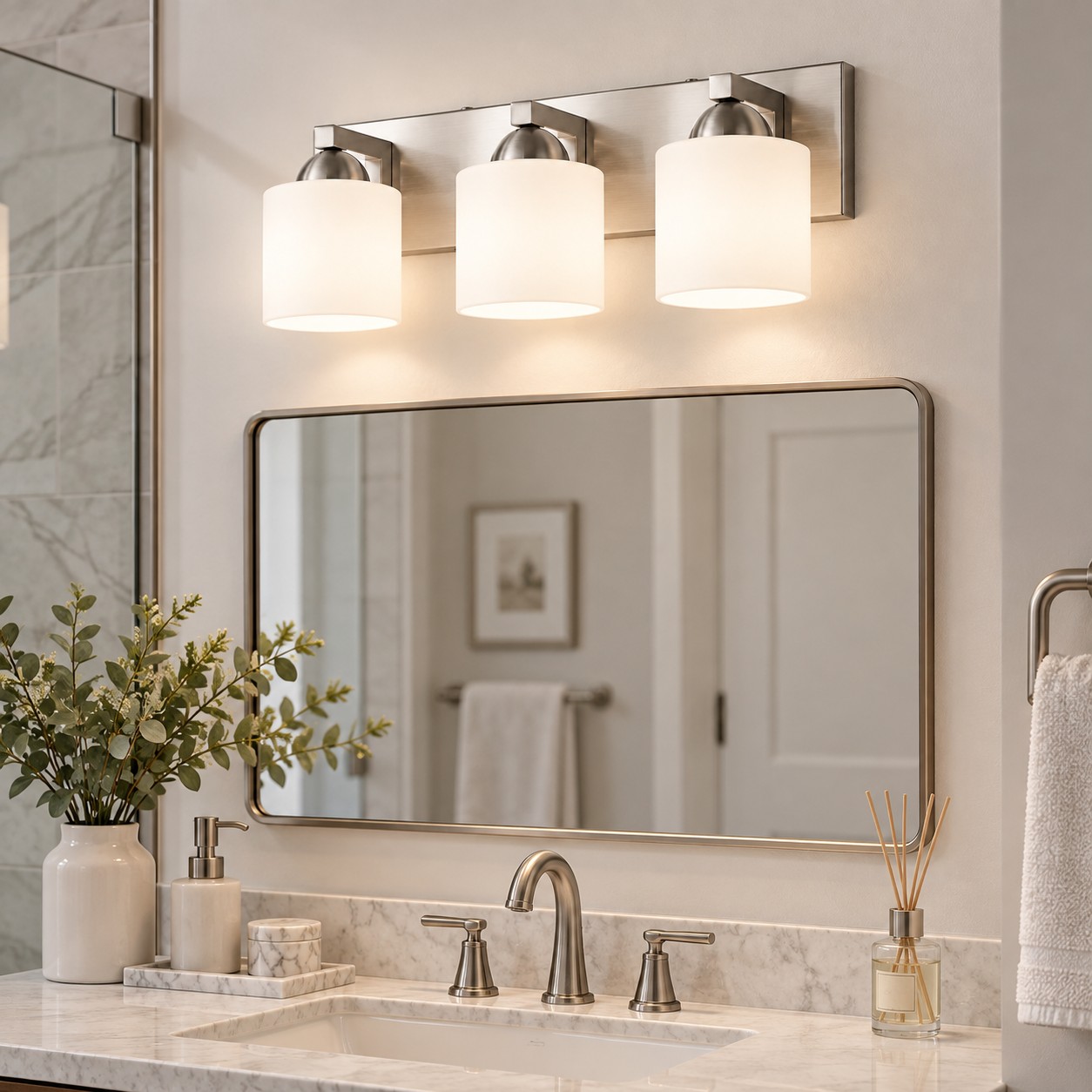 Glass Bathroom Vanity Light with one to six lights and three metal finishes