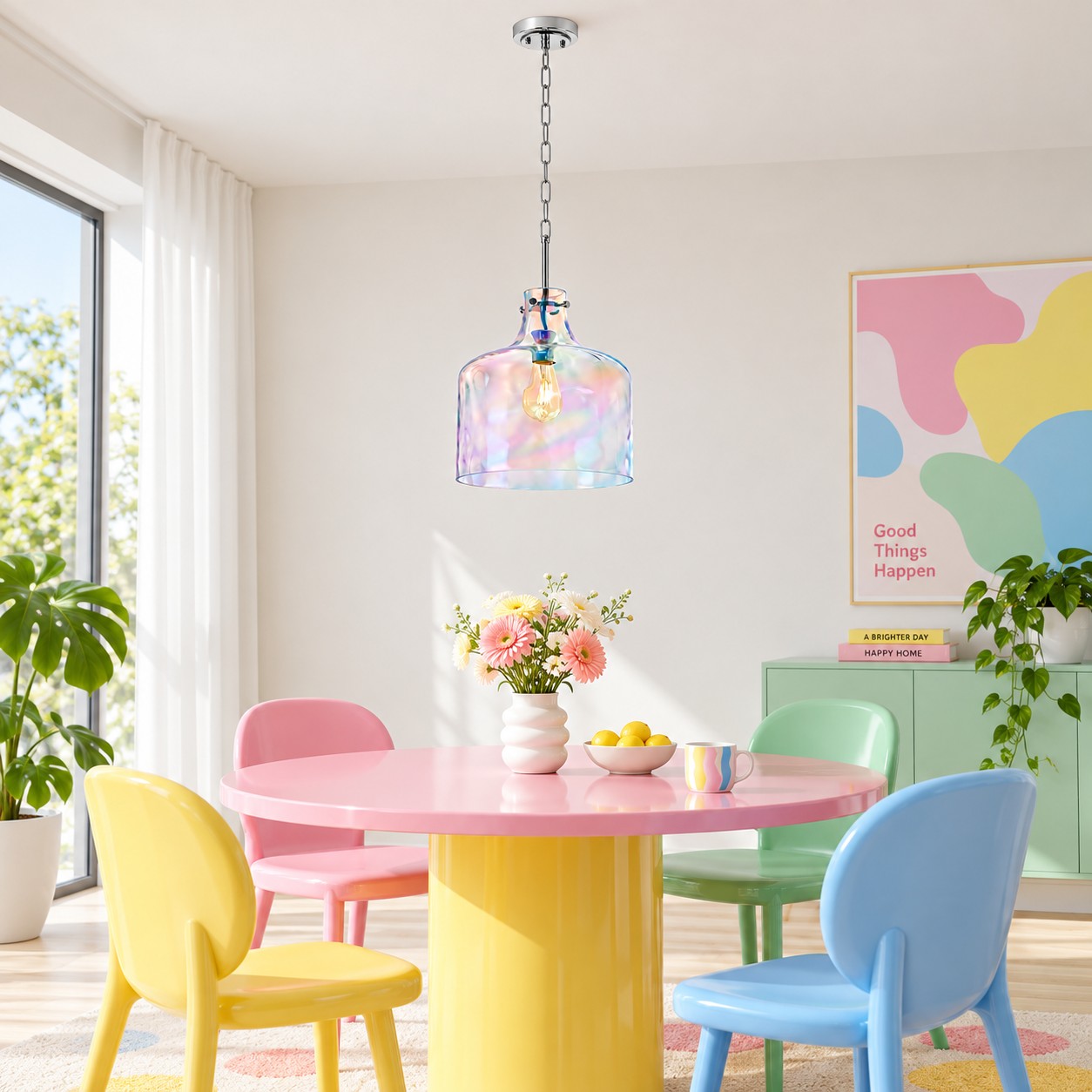 Vintage Glass Pendant Light with hammered or seeded glass and three metal finishes