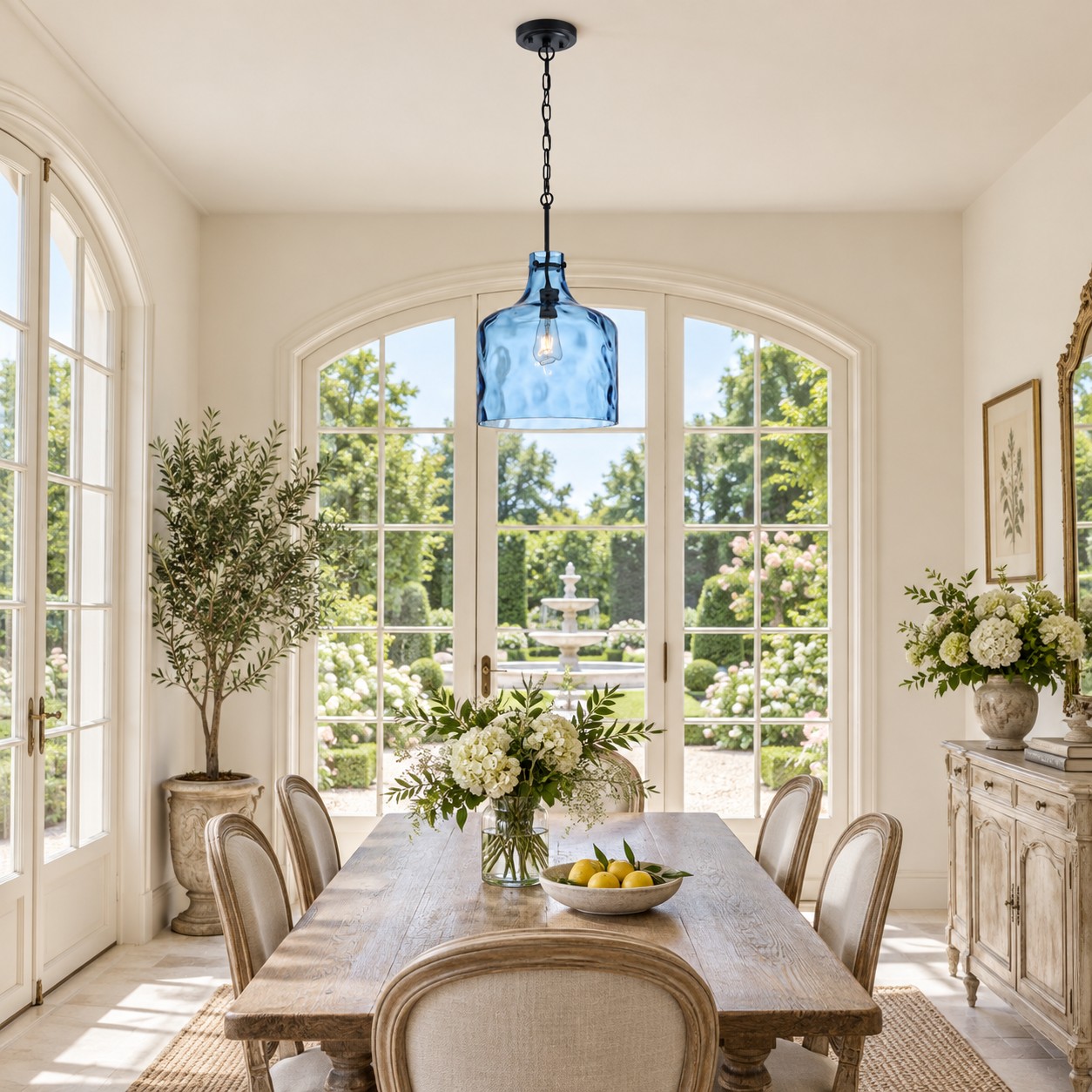 Vintage Glass Pendant Light with hammered or seeded glass and three metal finishes
