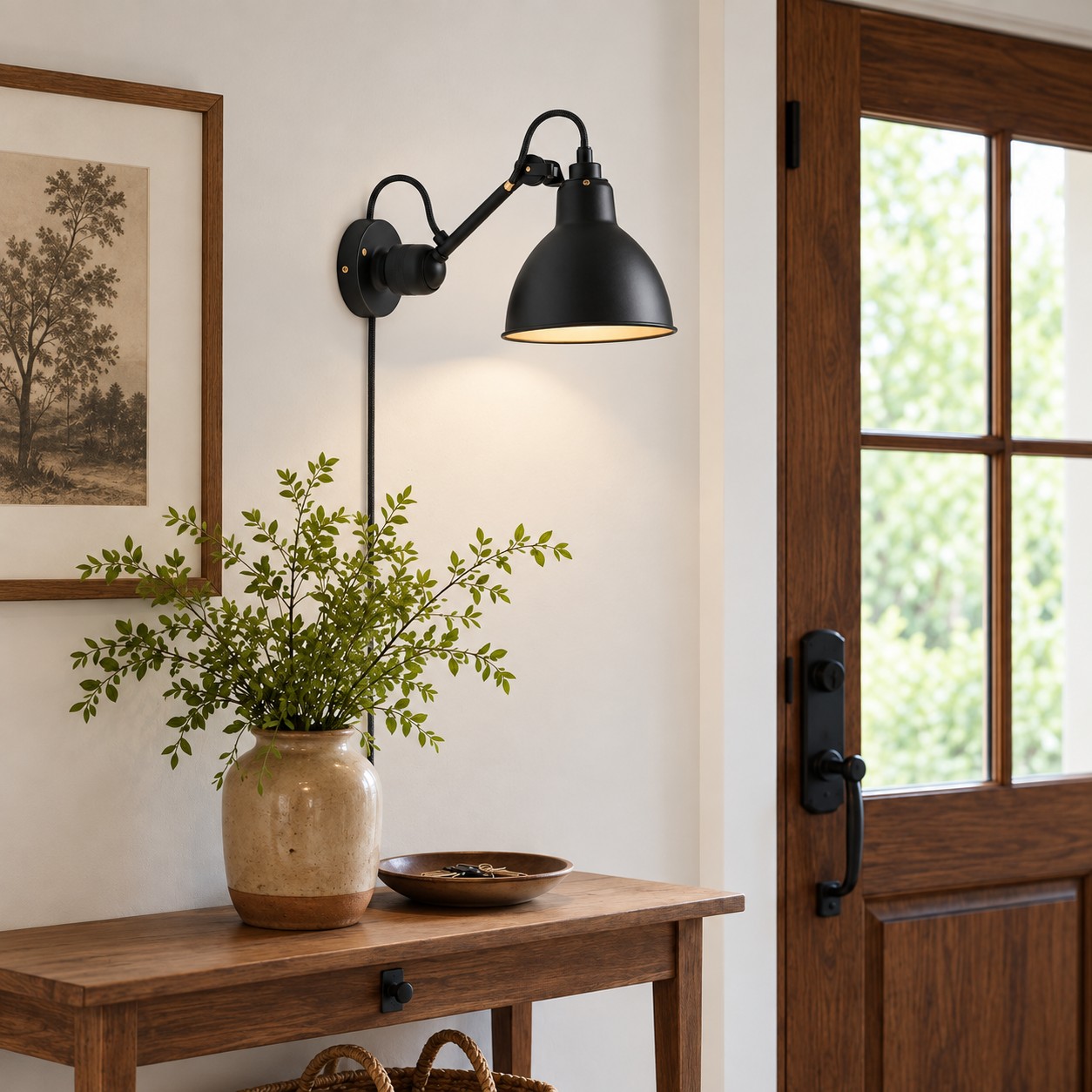 Industrial adjustable arm wall light in an interior
