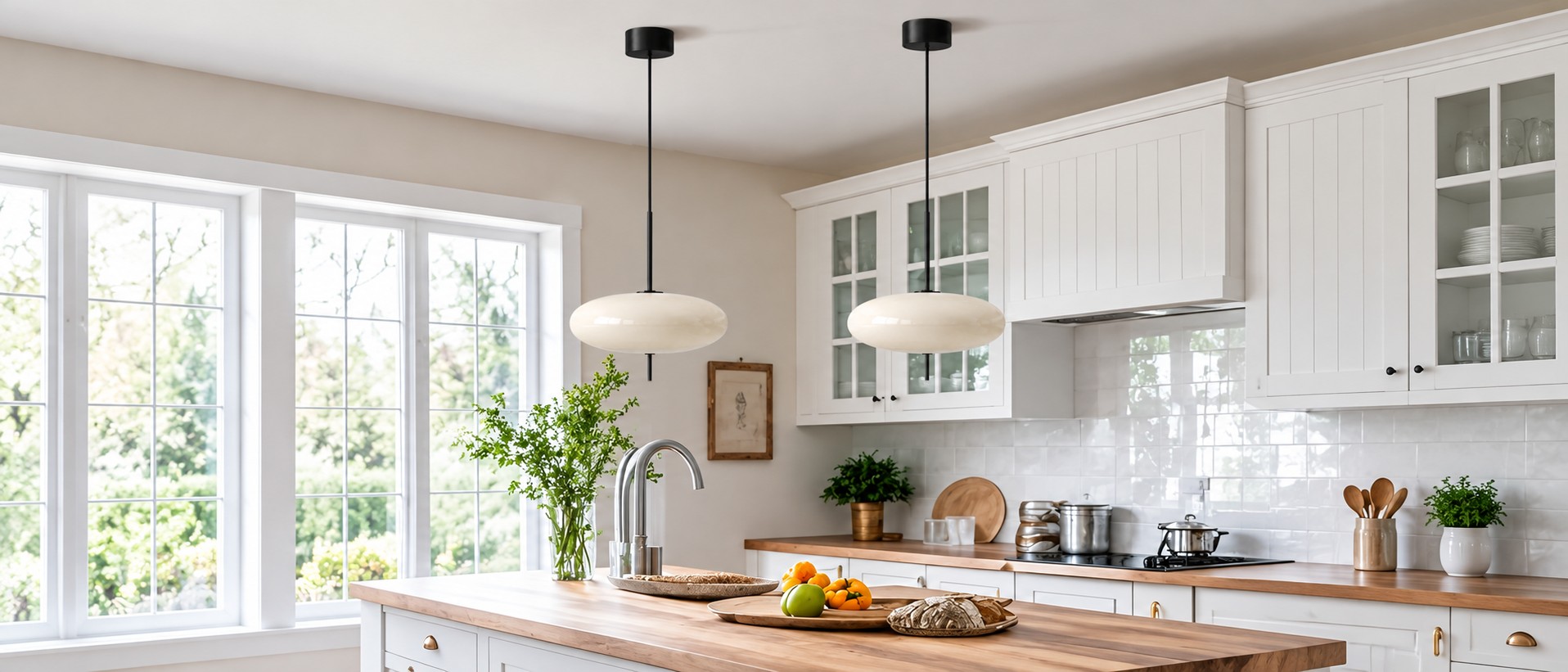 Model 2065 suspension lamps above a bright kitchen island