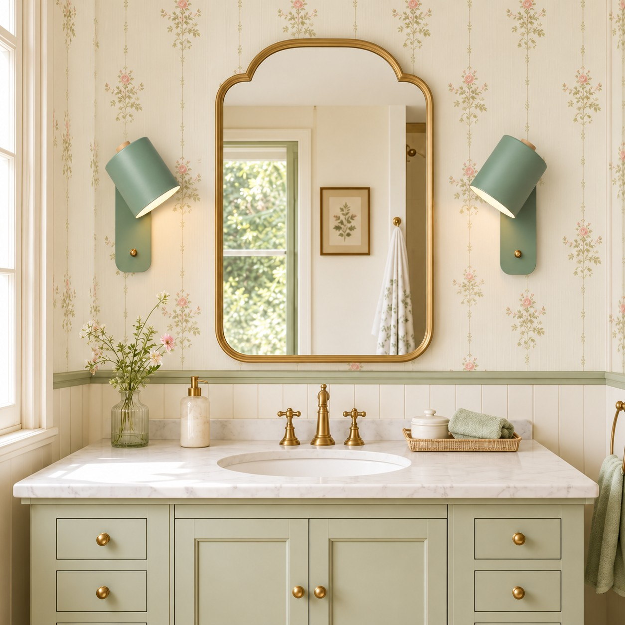 Green Proteus wall lights beside a bathroom mirror