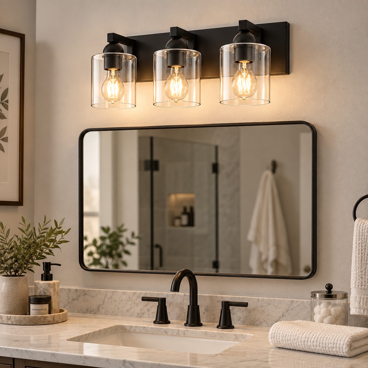 Glass Bathroom Vanity Light with one to six lights and three metal finishes