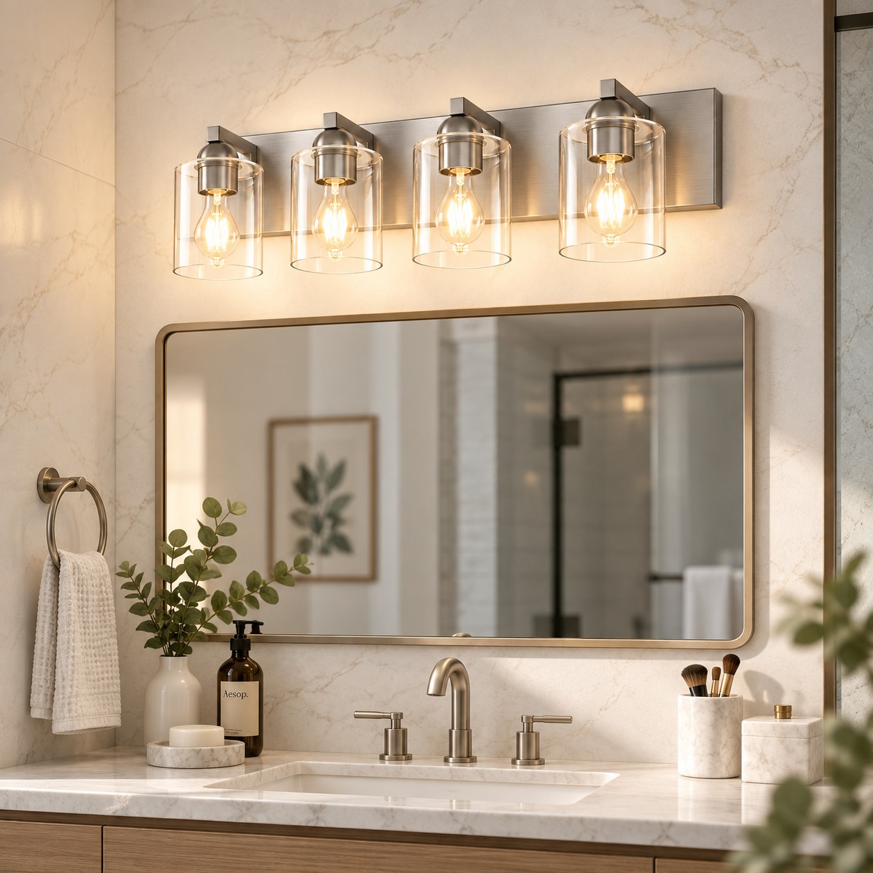 Glass Bathroom Vanity Light with one to six lights and three metal finishes