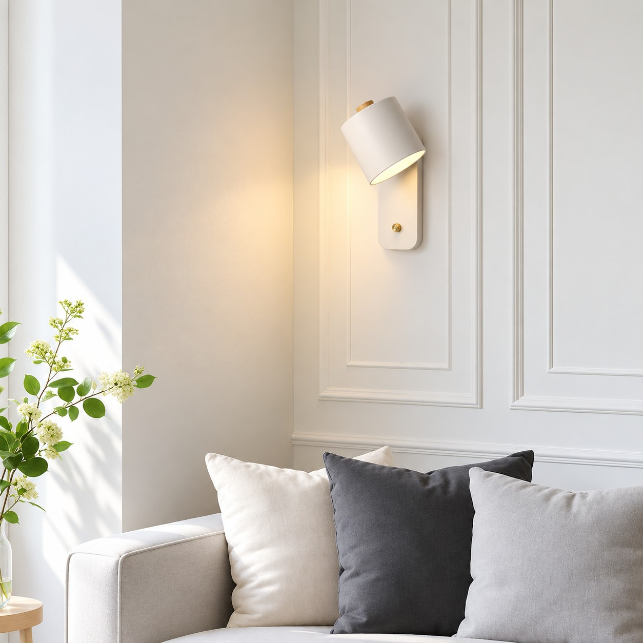 White Proteus wall light above a living room sofa
