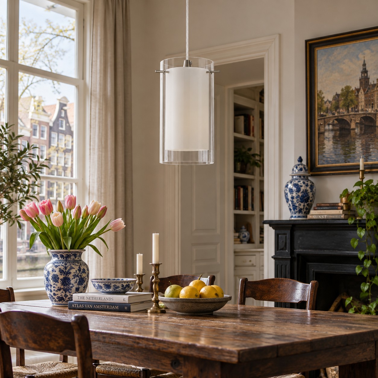 Double Glass Pendant Light with clear and white glass and one to three lights