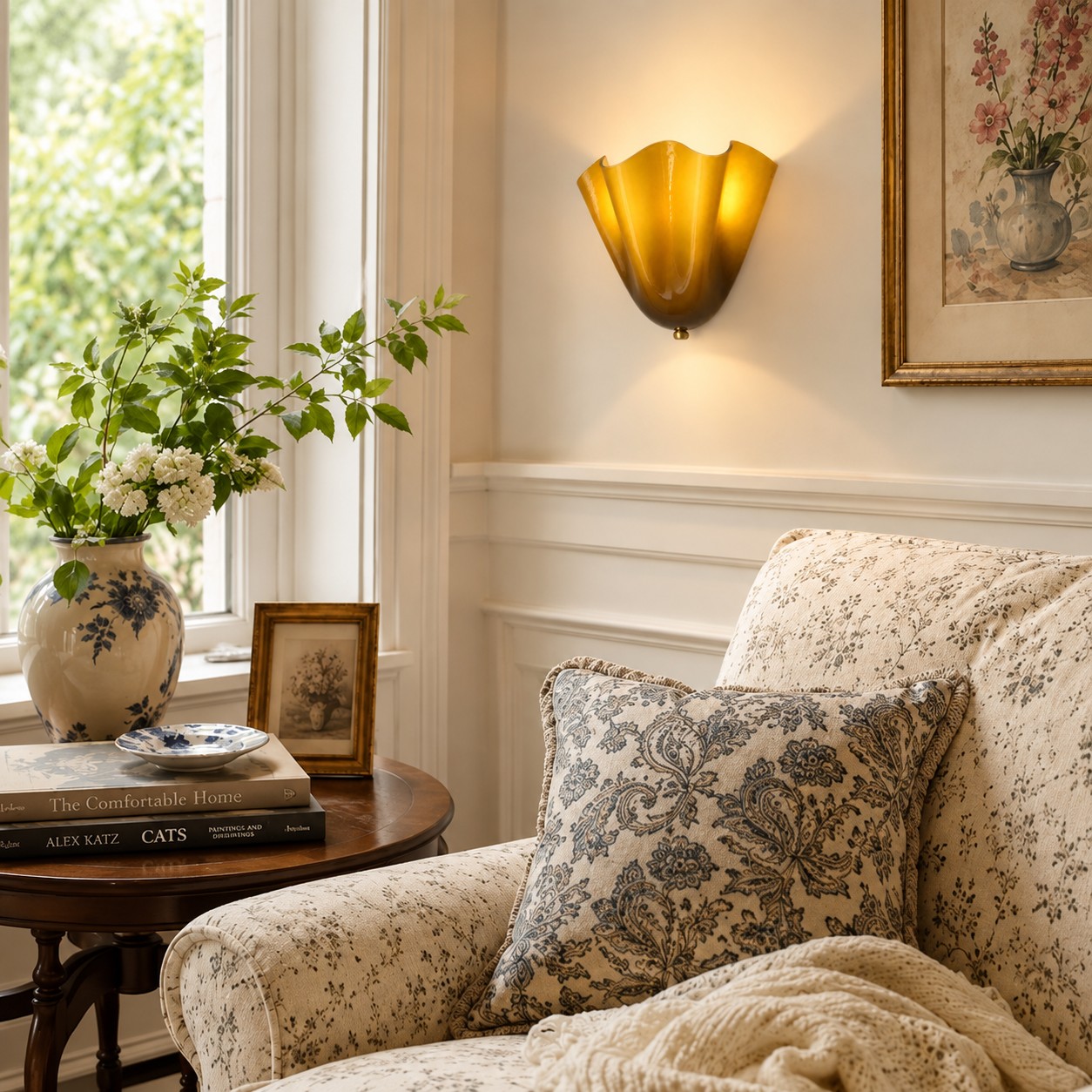 Amber seashell sconce in a living room