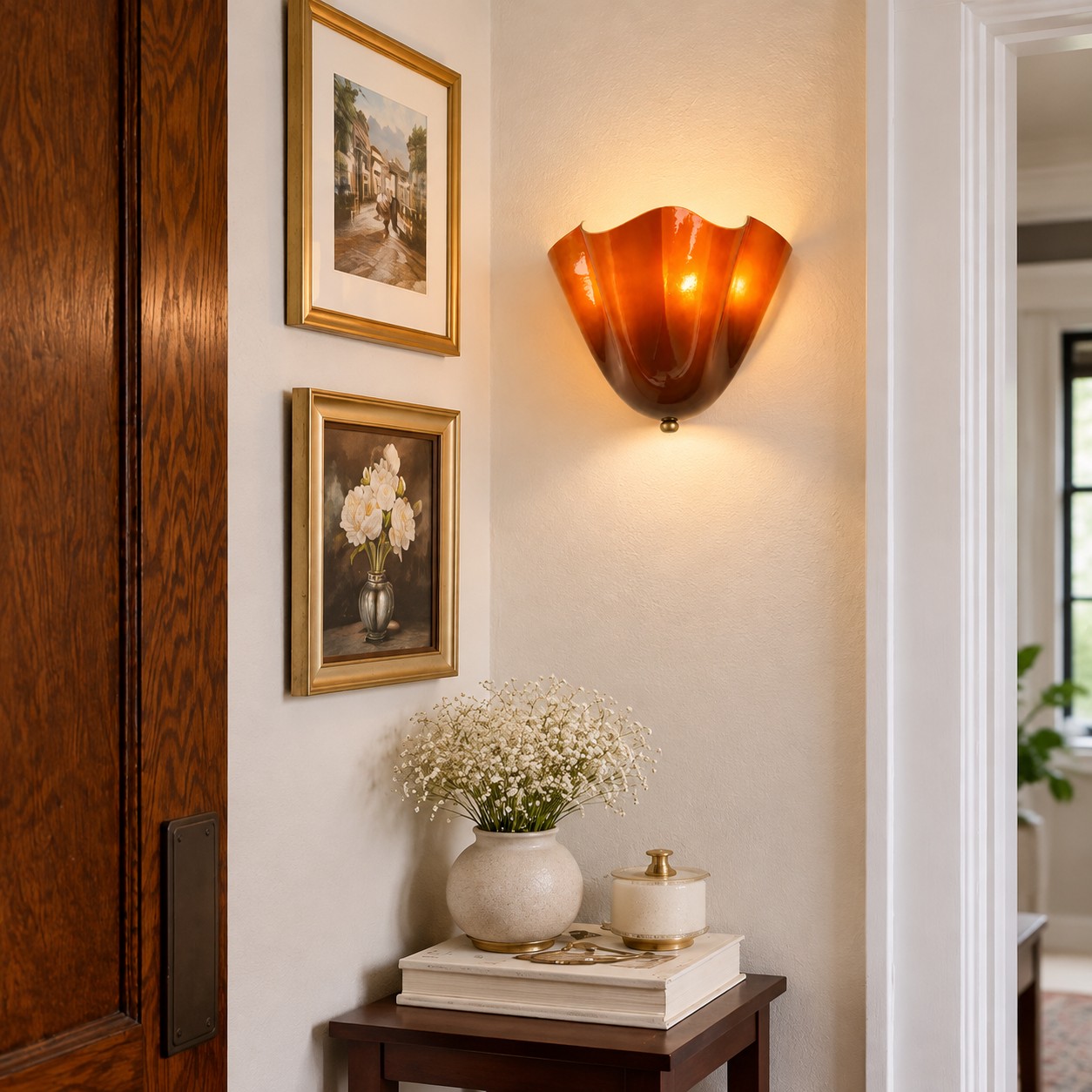 Brown seashell sconce in a hallway