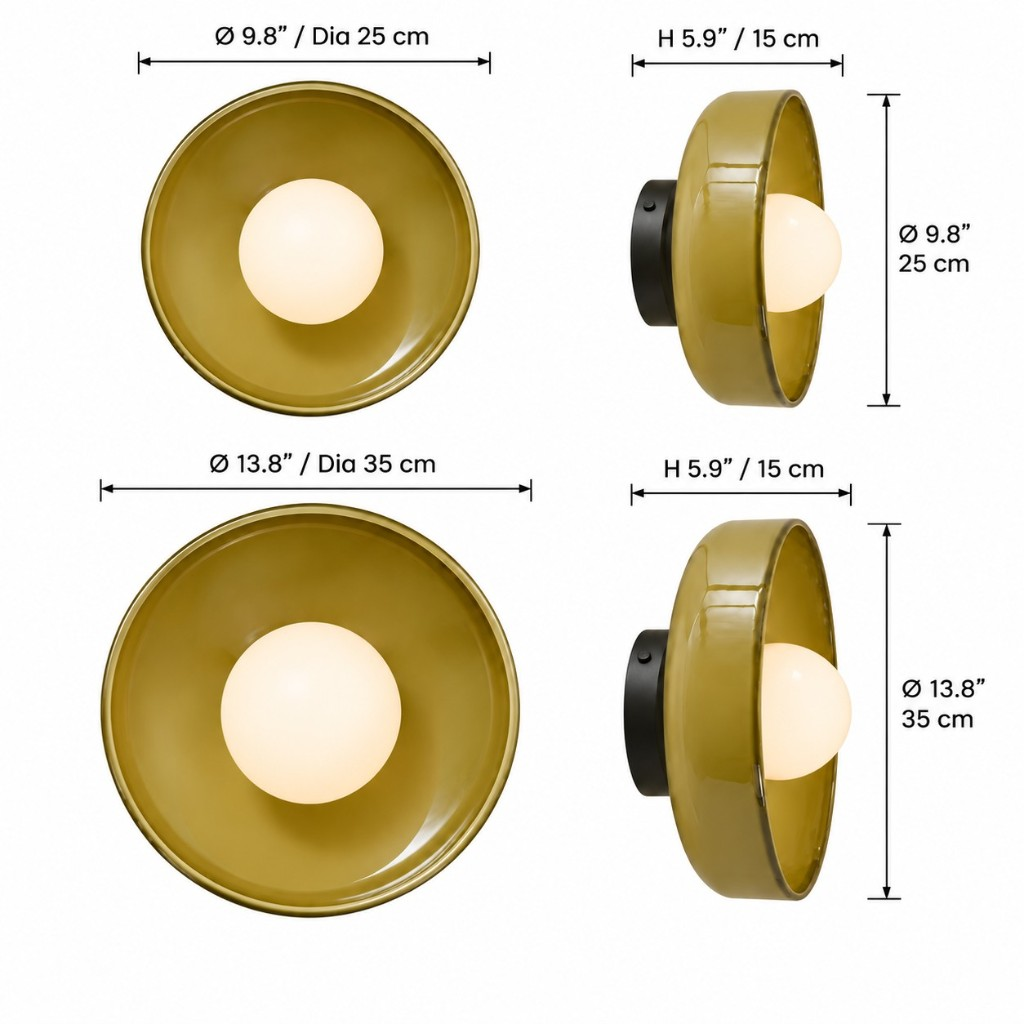 Wall sconce dimensions: 9.8 inch and 13.8 inch diameters, 5.9 inch depth
