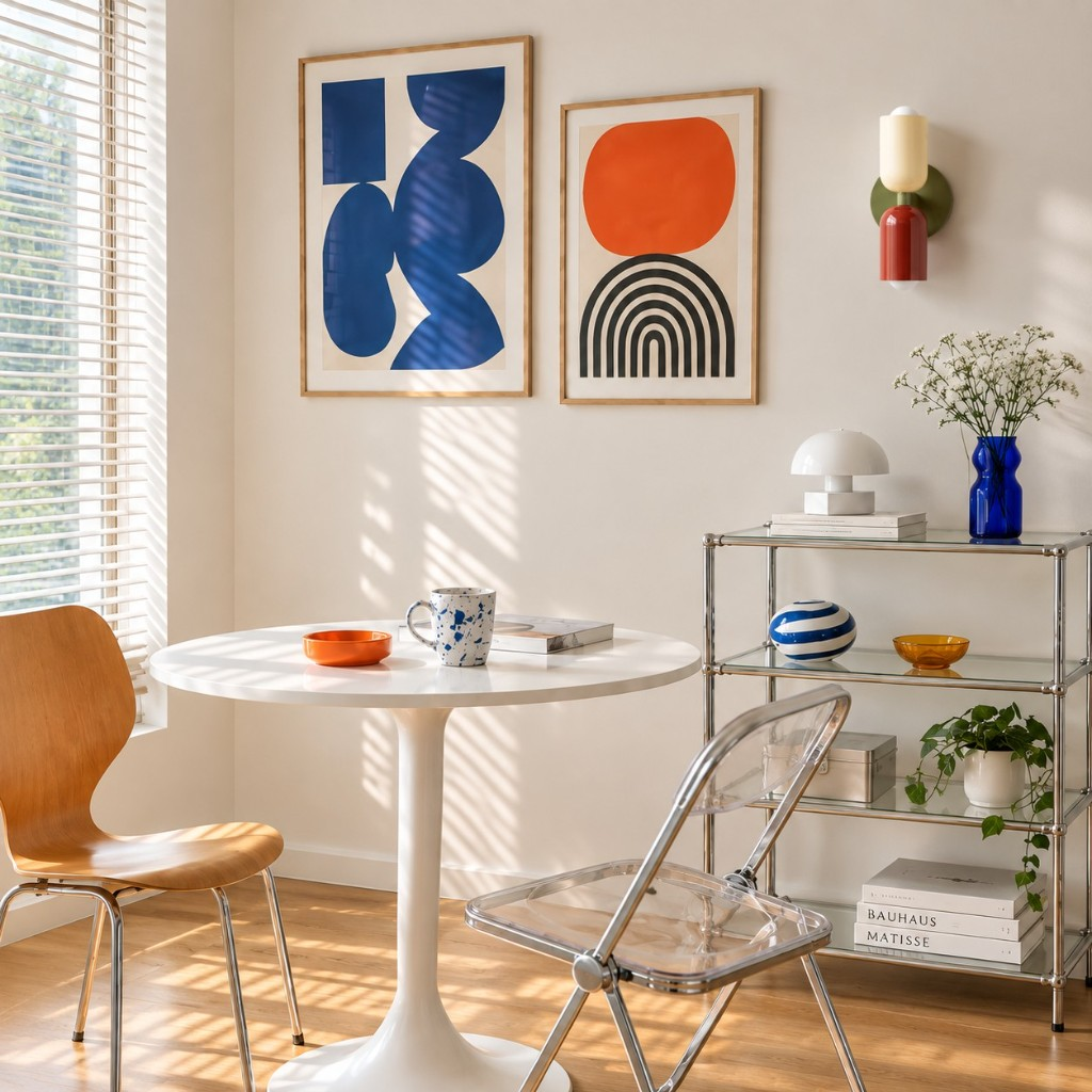 Cream and red capsule wall sconce beside a dining table