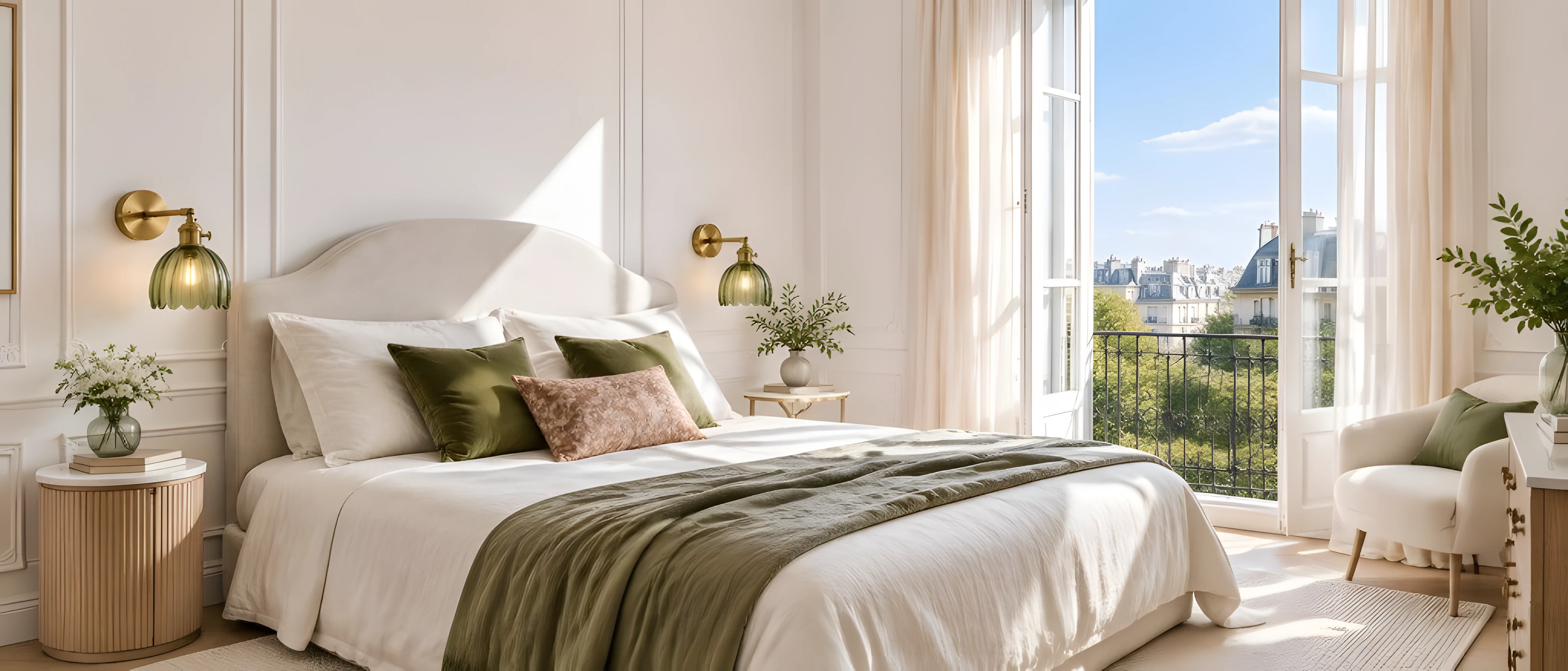 Green lotus glass wall lights flanking a bedroom