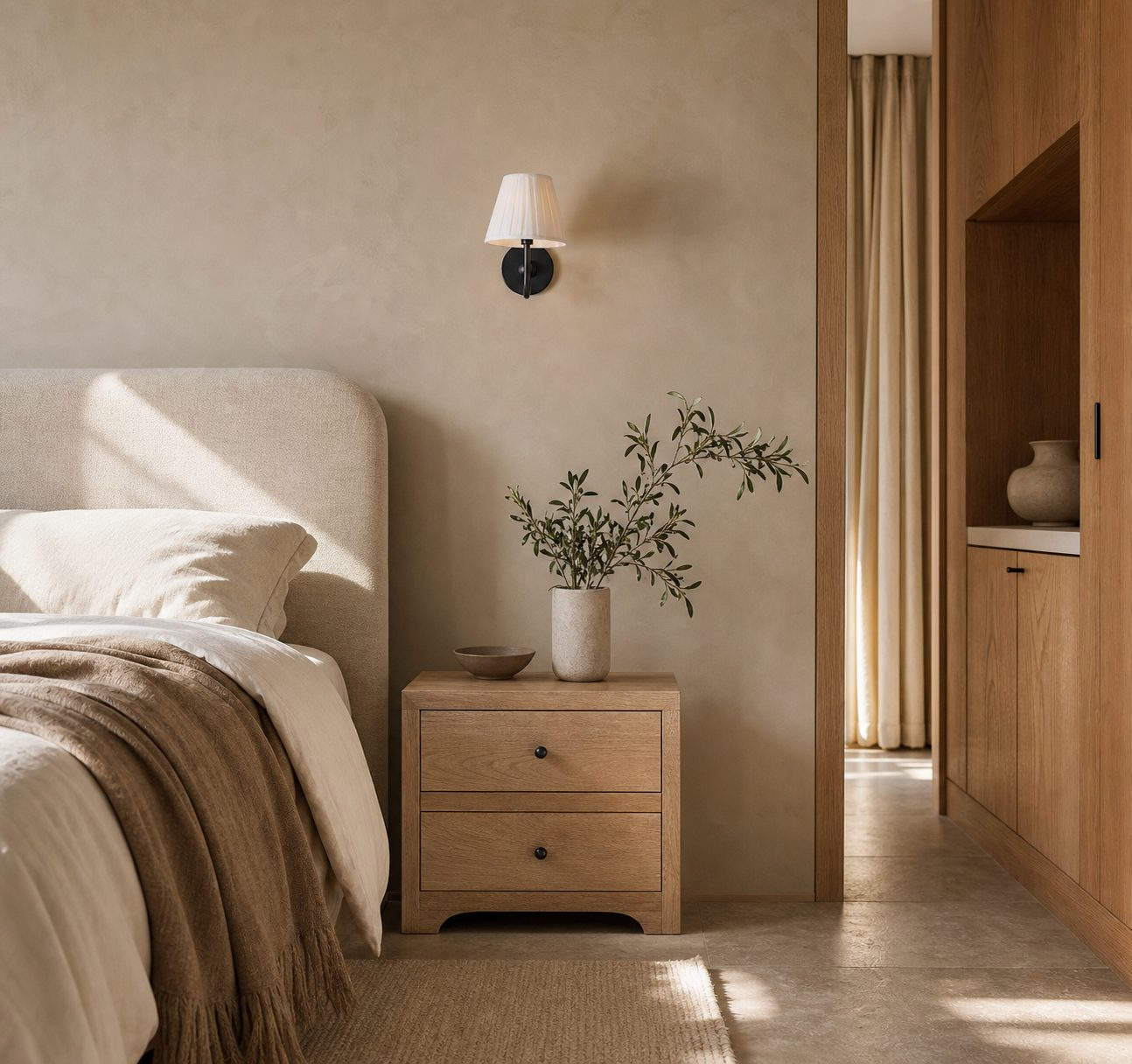 Matte black white pleated 1-Light Luvora wall lamp in a bedroom
