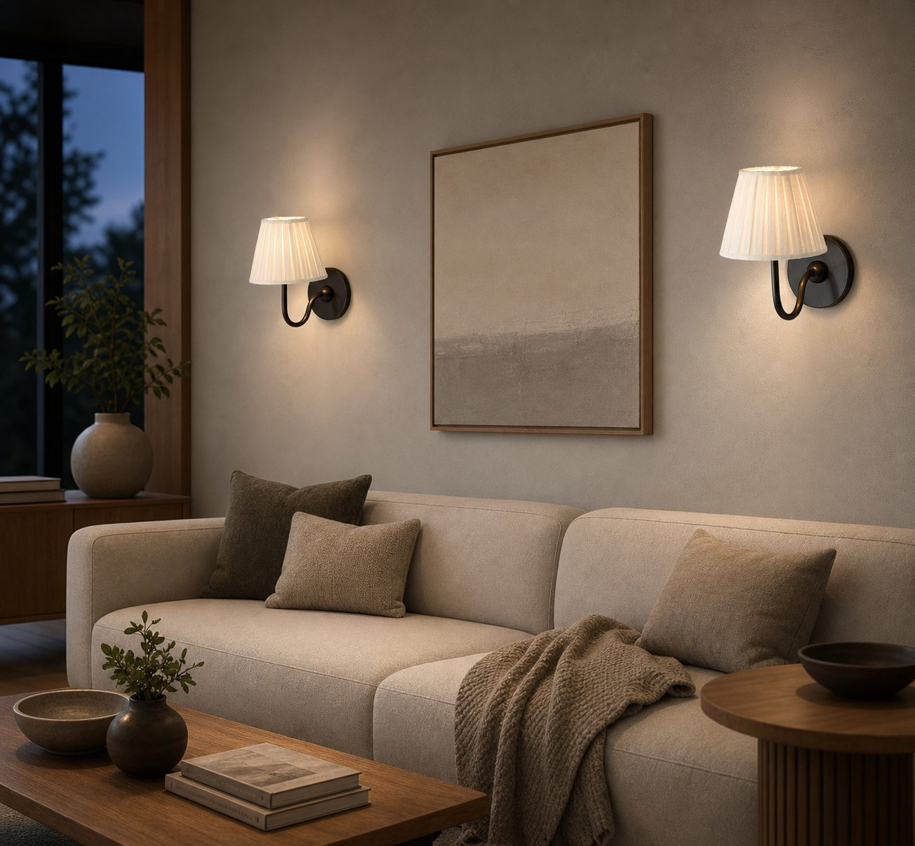 Matte black white pleated 1-Light Luvora wall lamps in a living room