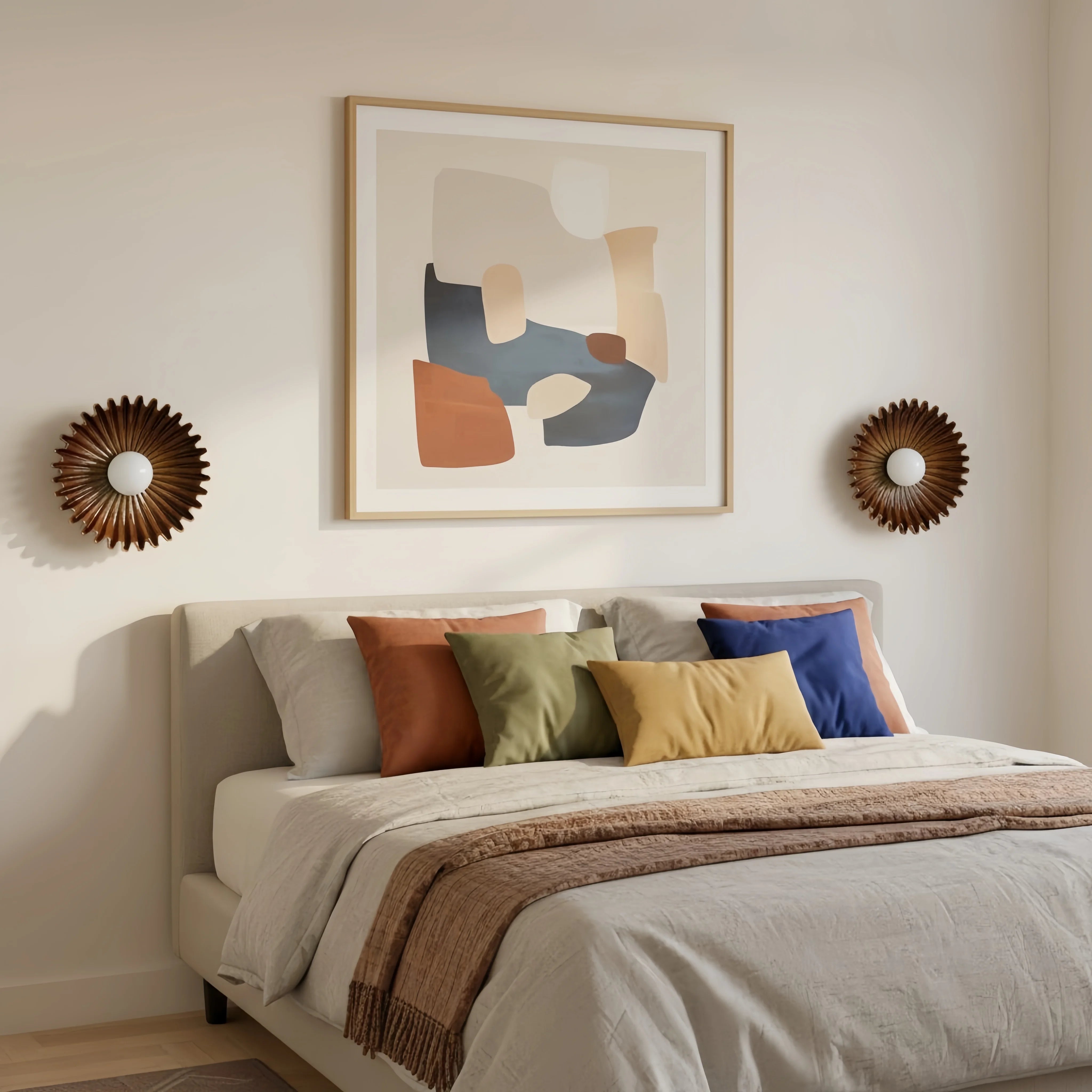 Brown ceramic flower wall lights flanking a bedroom