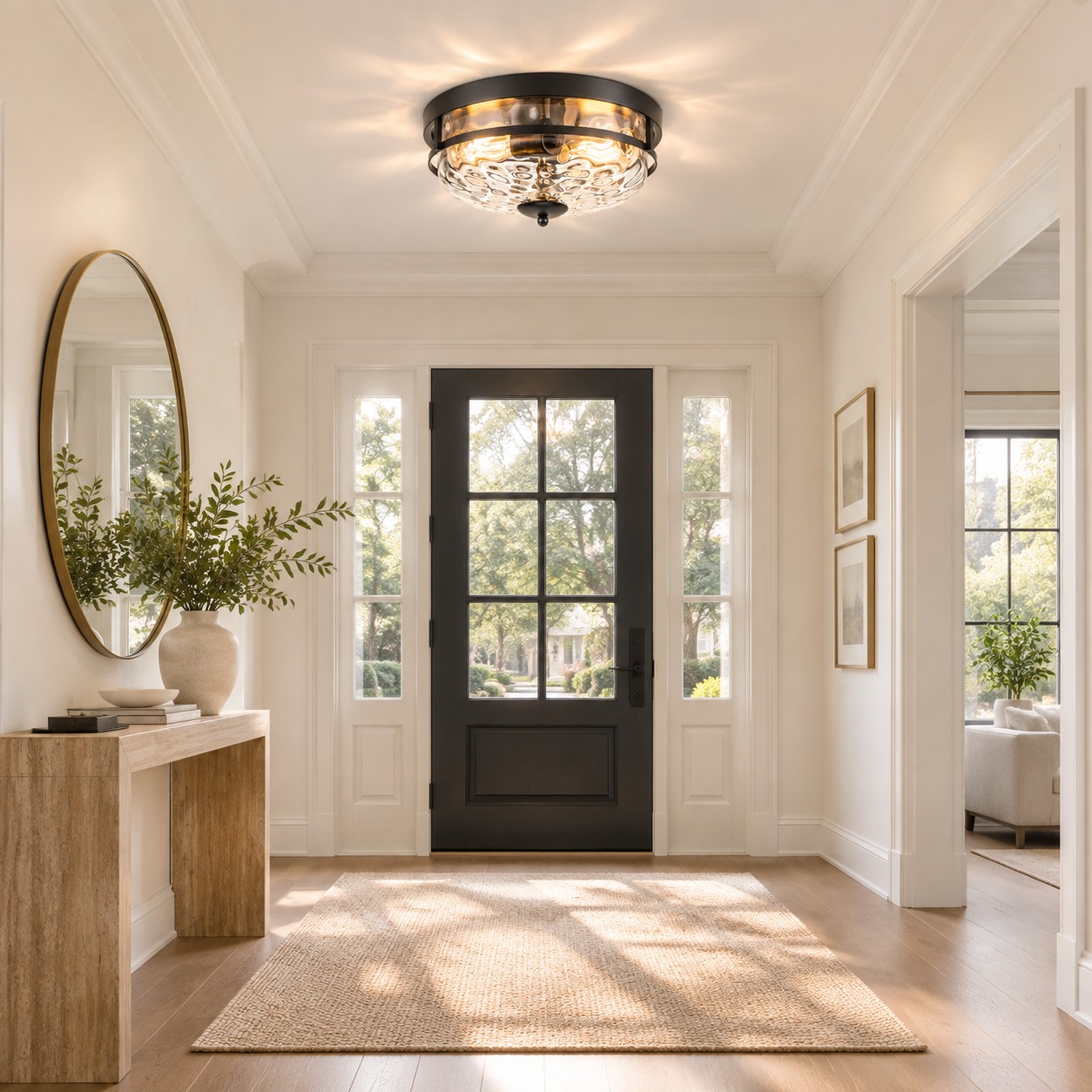 Hammered Glass Flush Ceiling Light with rippled clear glass and three finishes