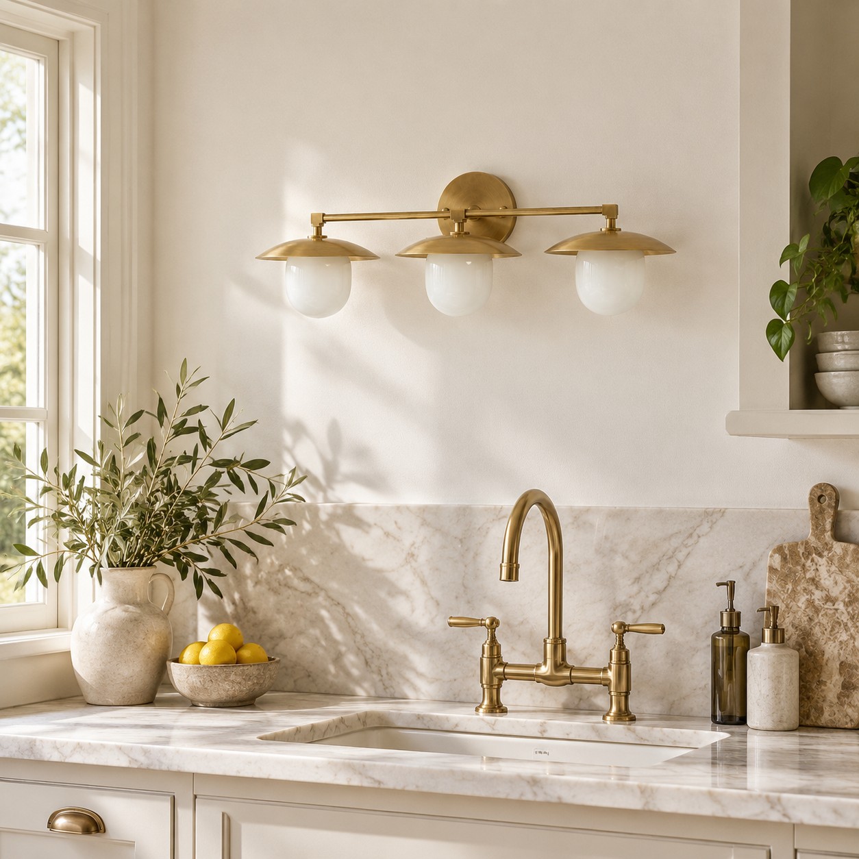 Sculptural Glass Wall Sconce with a brass finish and one to three lights