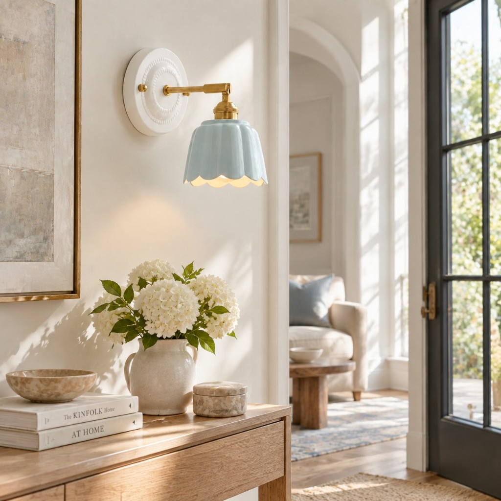 Blue scalloped flower wall sconce above a hallway console