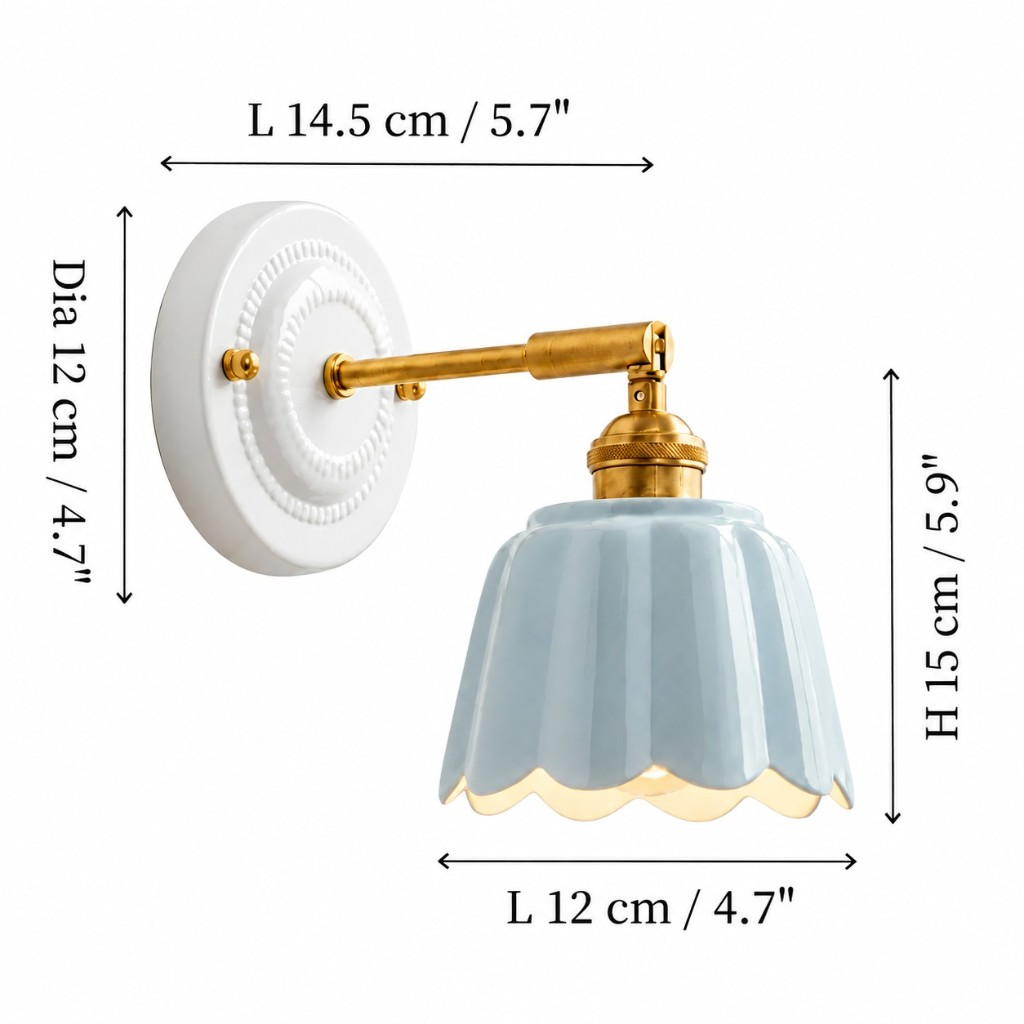 Scalloped flower wall sconce dimensions: length 5.7 inches, height 5.9 inches, shade width 4.7 inches, backplate diameter 4.7 inches