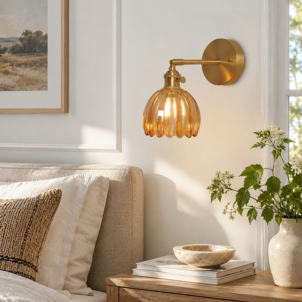 Amber lotus glass wall light above a bedside table