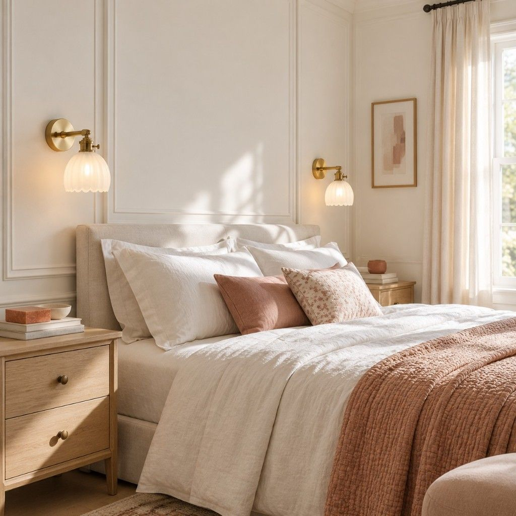 White lotus glass wall lights flanking a bedroom