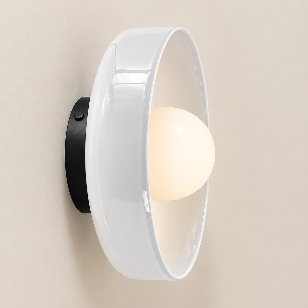 White glass disc wall sconce